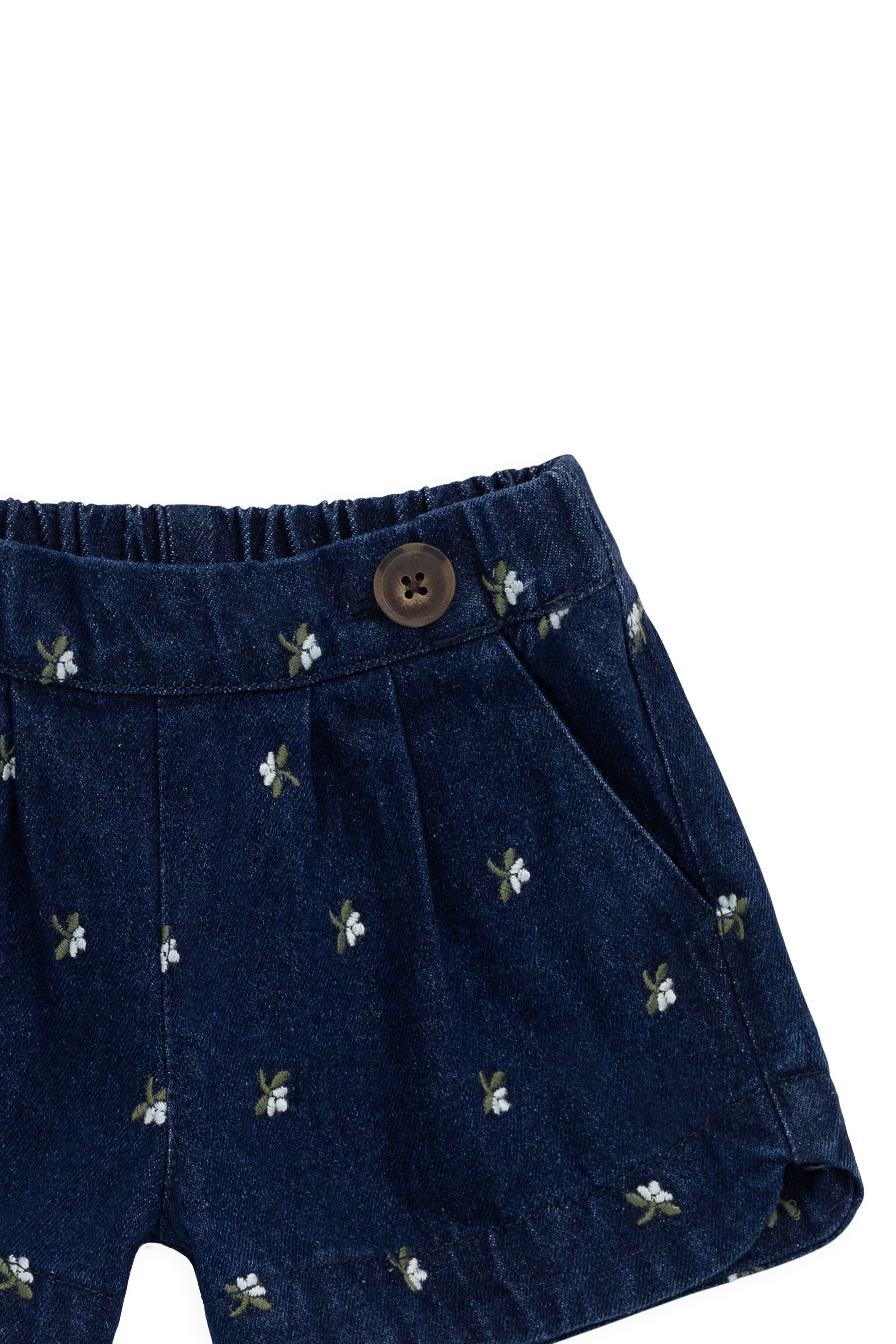 Short en jean de coton fleuri indigo vintage avec quincaillerie sans nickel