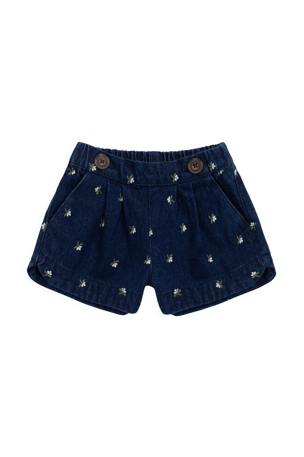 Short en jean de coton fleuri indigo vintage avec quincaillerie sans nickel