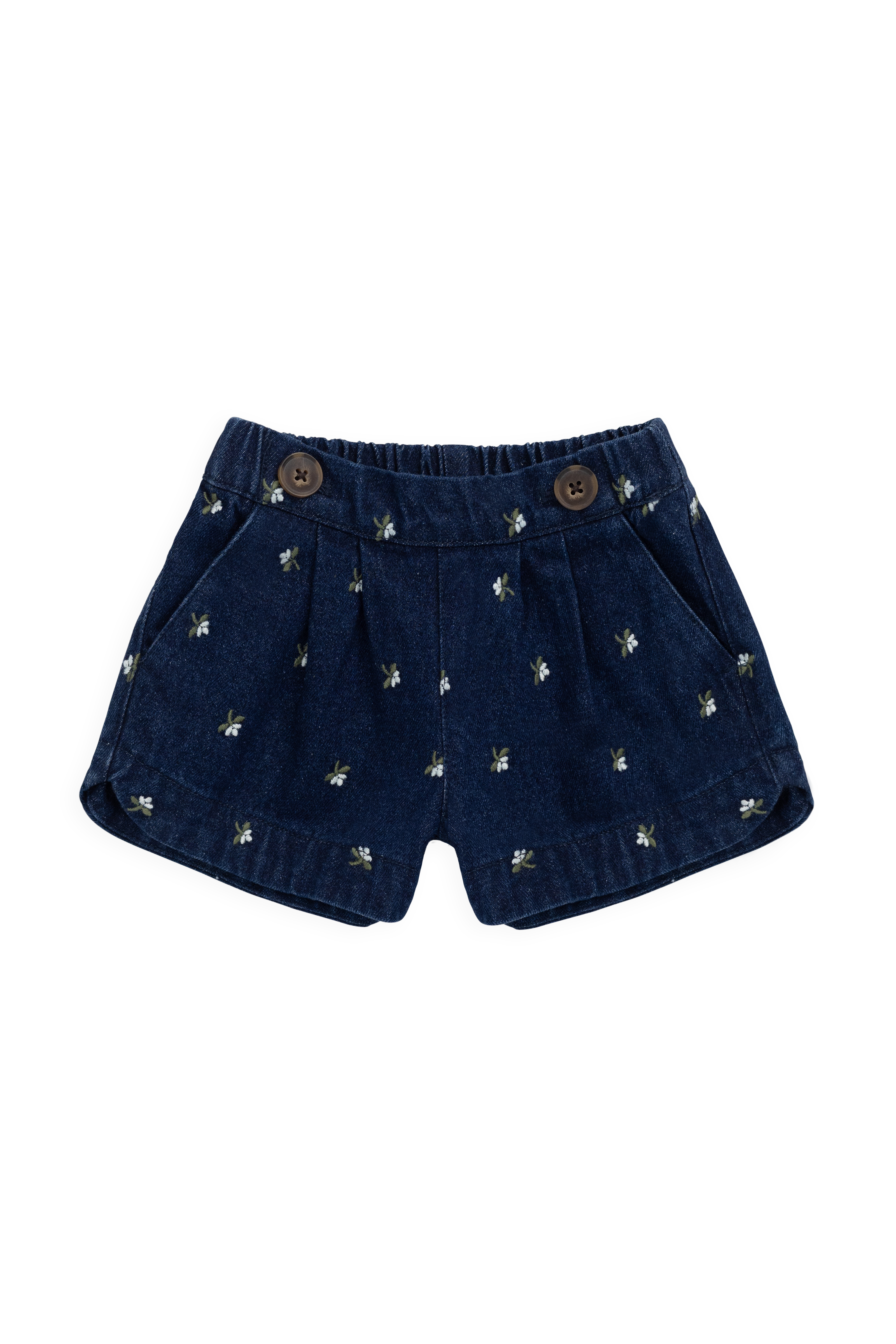 Short en jean de coton fleuri indigo vintage avec quincaillerie sans nickel
