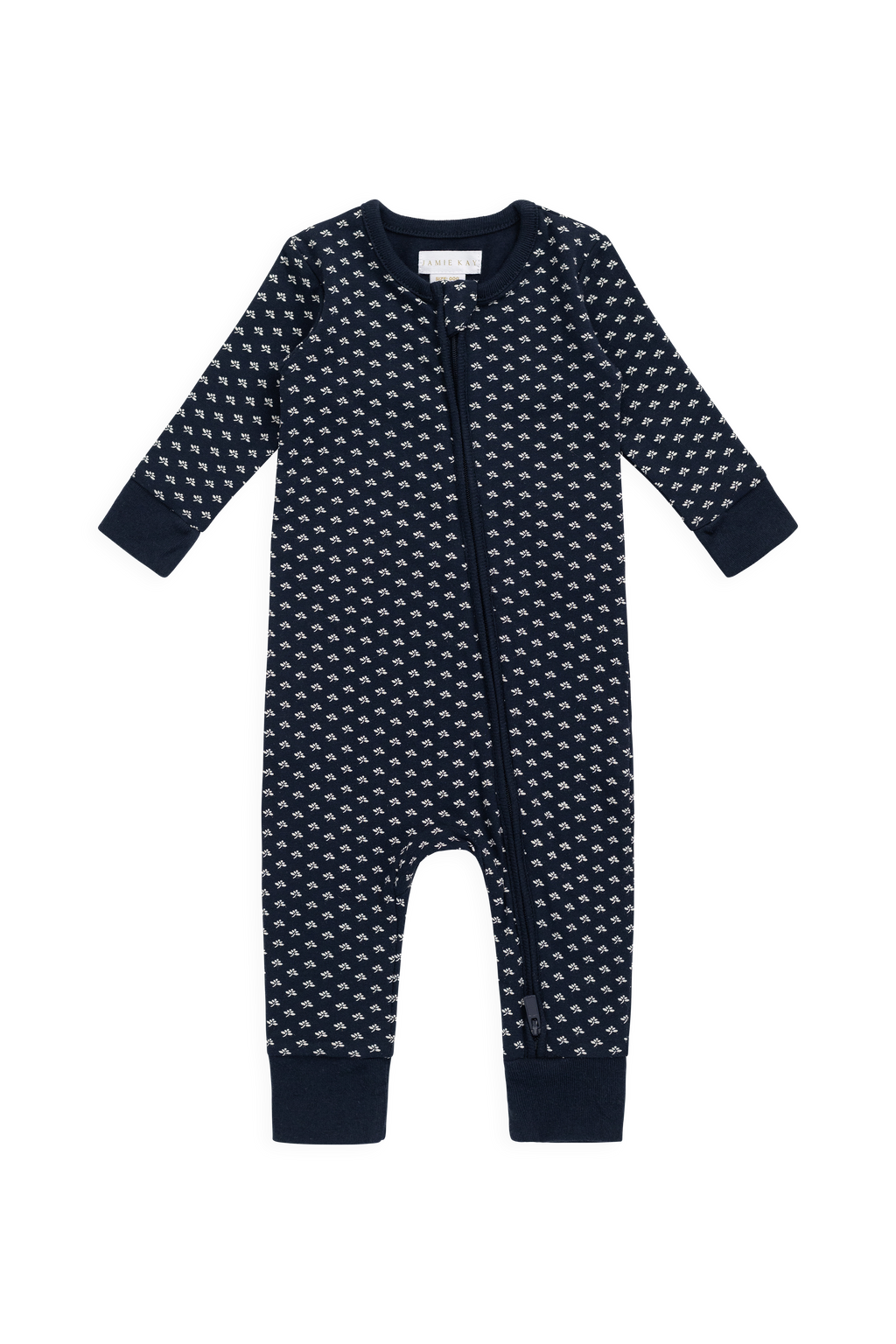Combinaison décontractée en coton biologique bleu marine à motif floral avec fermeture éclair sur le devant et poignets côtelés