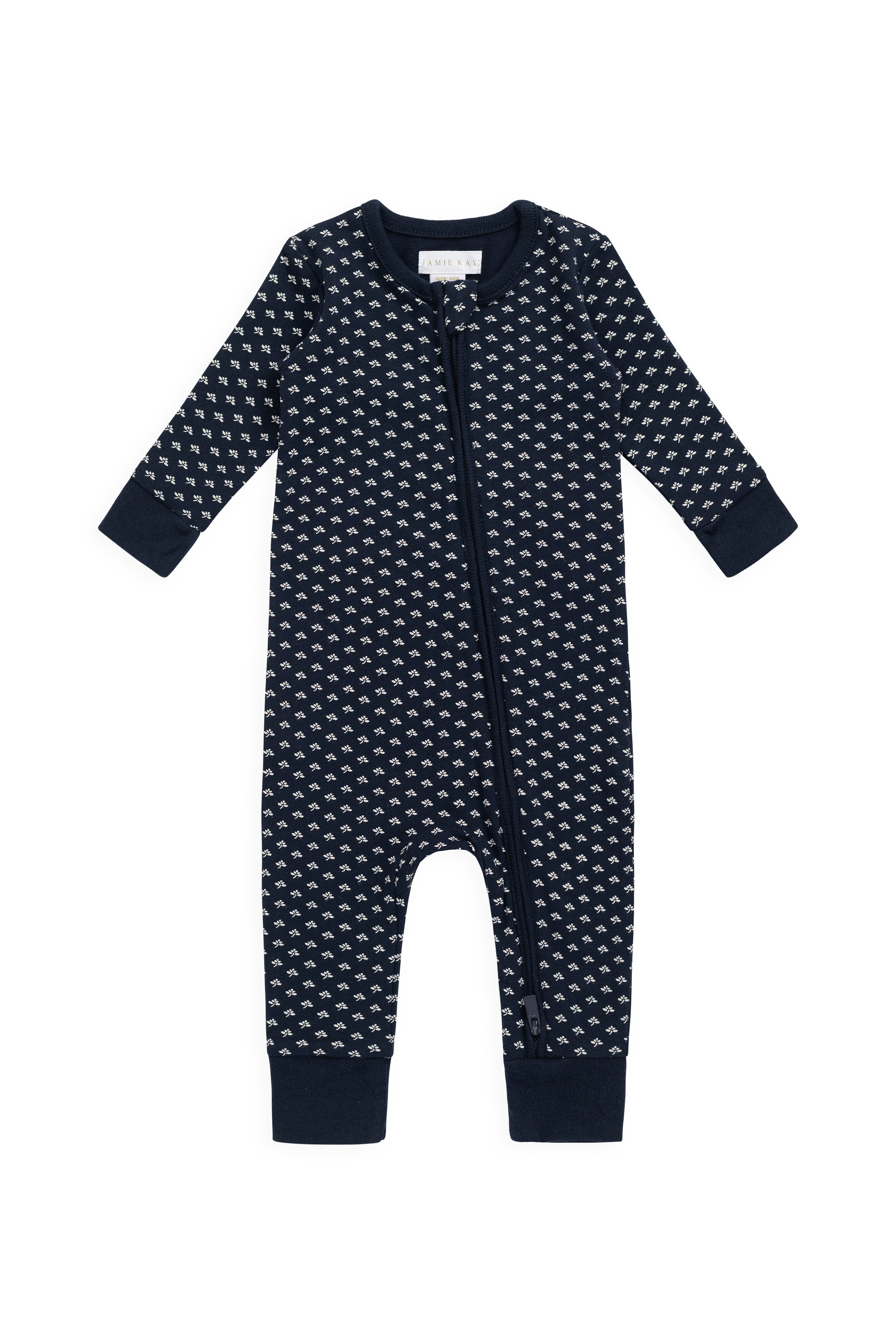 Combinaison décontractée en coton biologique bleu marine à motif floral avec fermeture éclair sur le devant et poignets côtelés