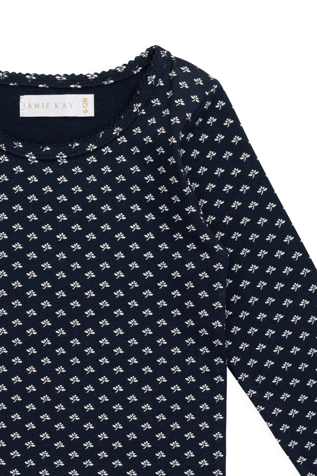 Haut décontracté à manches longues en coton biologique à motif floral bleu marine, avec col rond et extensible
