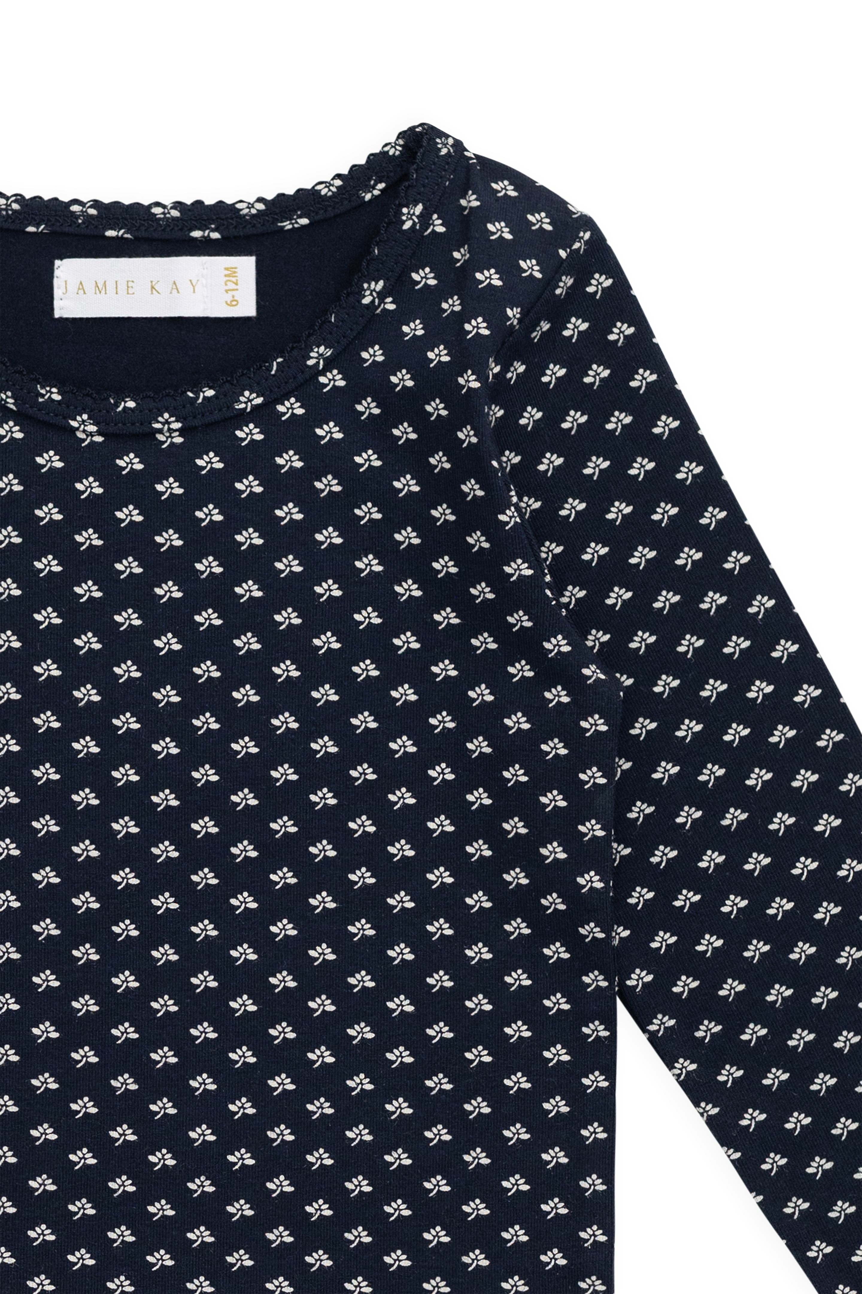 Haut décontracté à manches longues en coton biologique à motif floral bleu marine, avec col rond et extensible