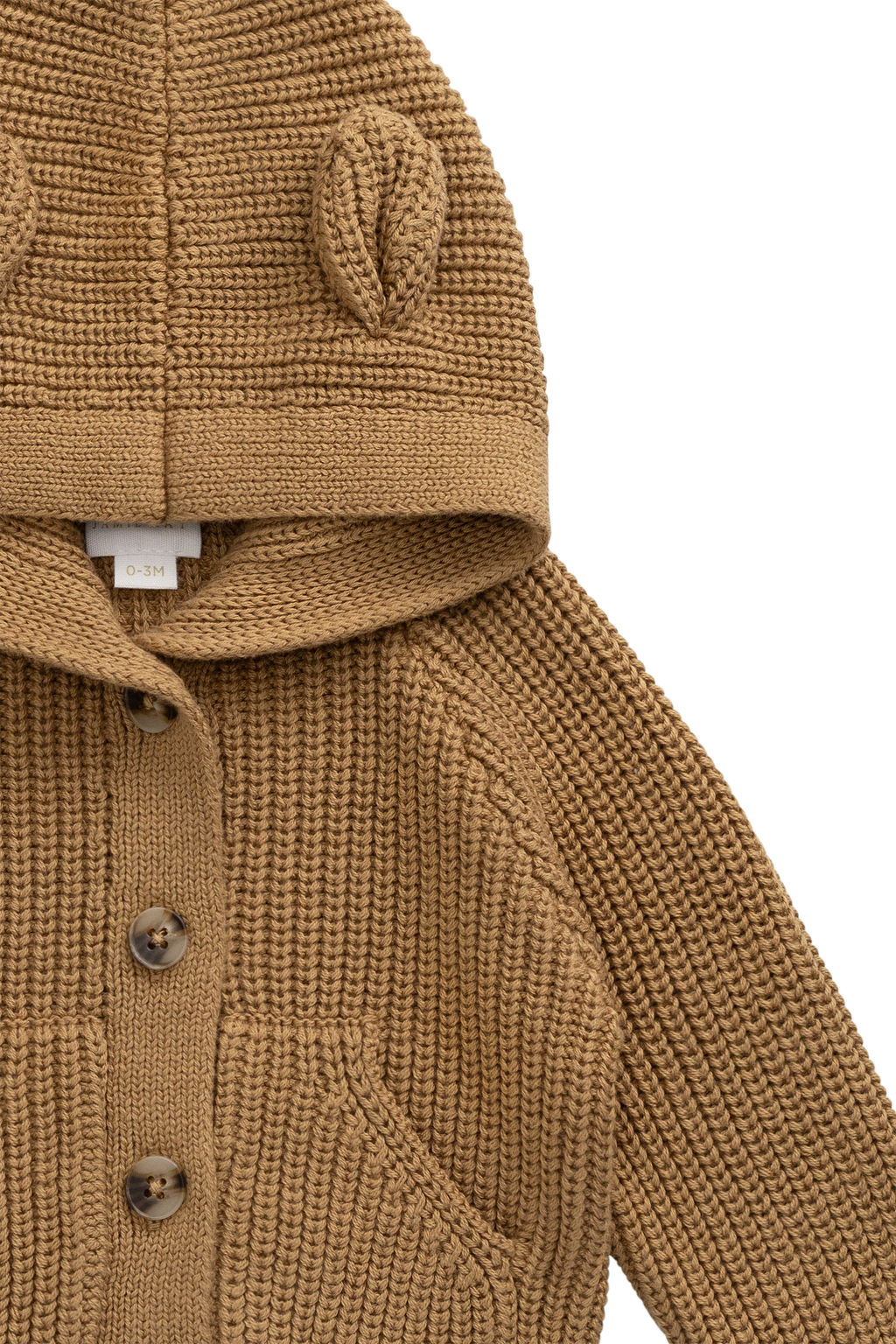 Joli cardigan en tricot de coton marron fauve avec capuche à oreilles d'ours et poches avant