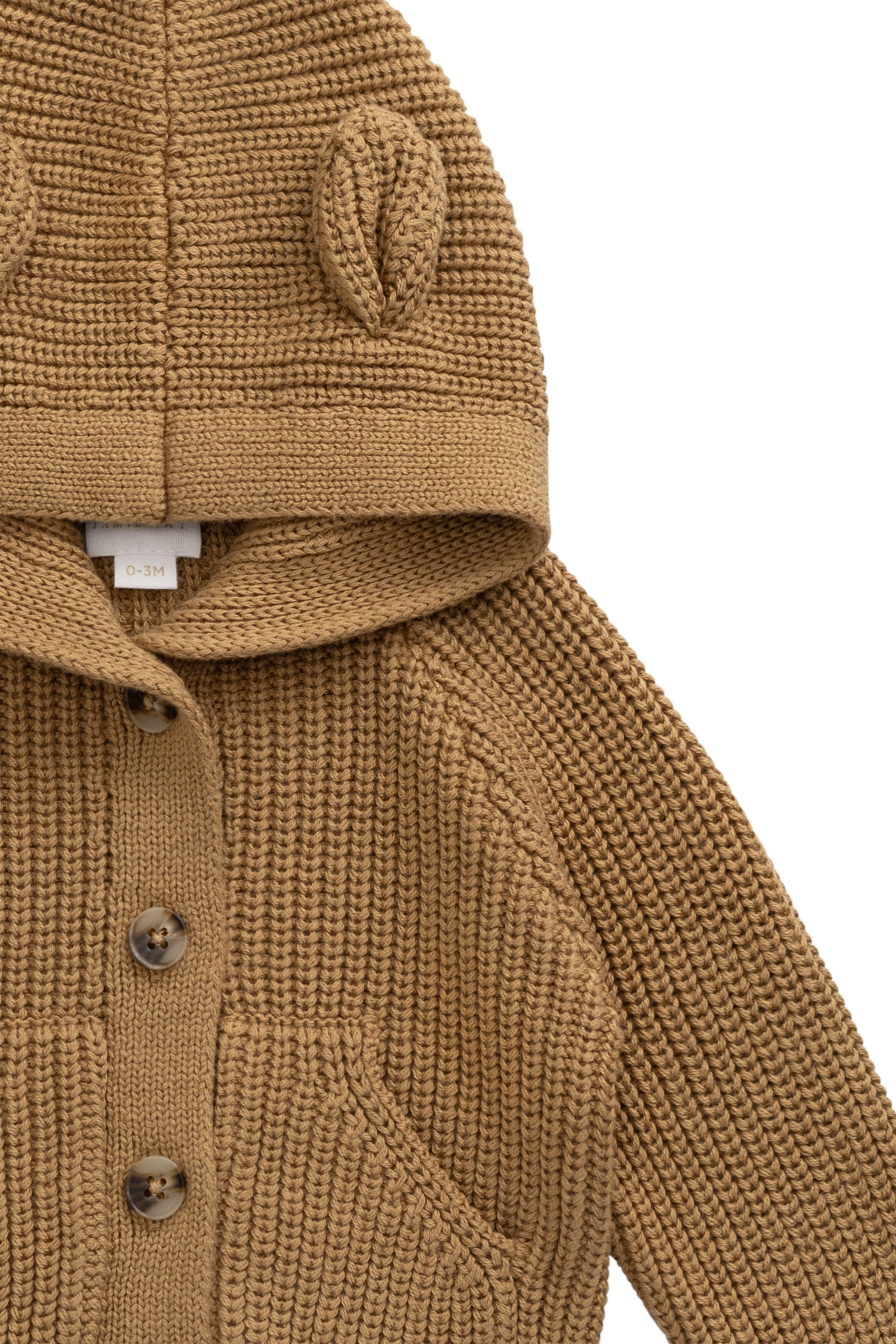 Joli cardigan en tricot de coton marron fauve avec capuche à oreilles d'ours et poches avant