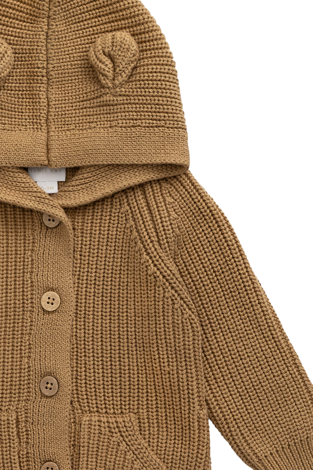 Jolie Grenouillère en Coton Tricoté Marron Fauve avec Capuche Oreilles d'Ours & Poches Frontales