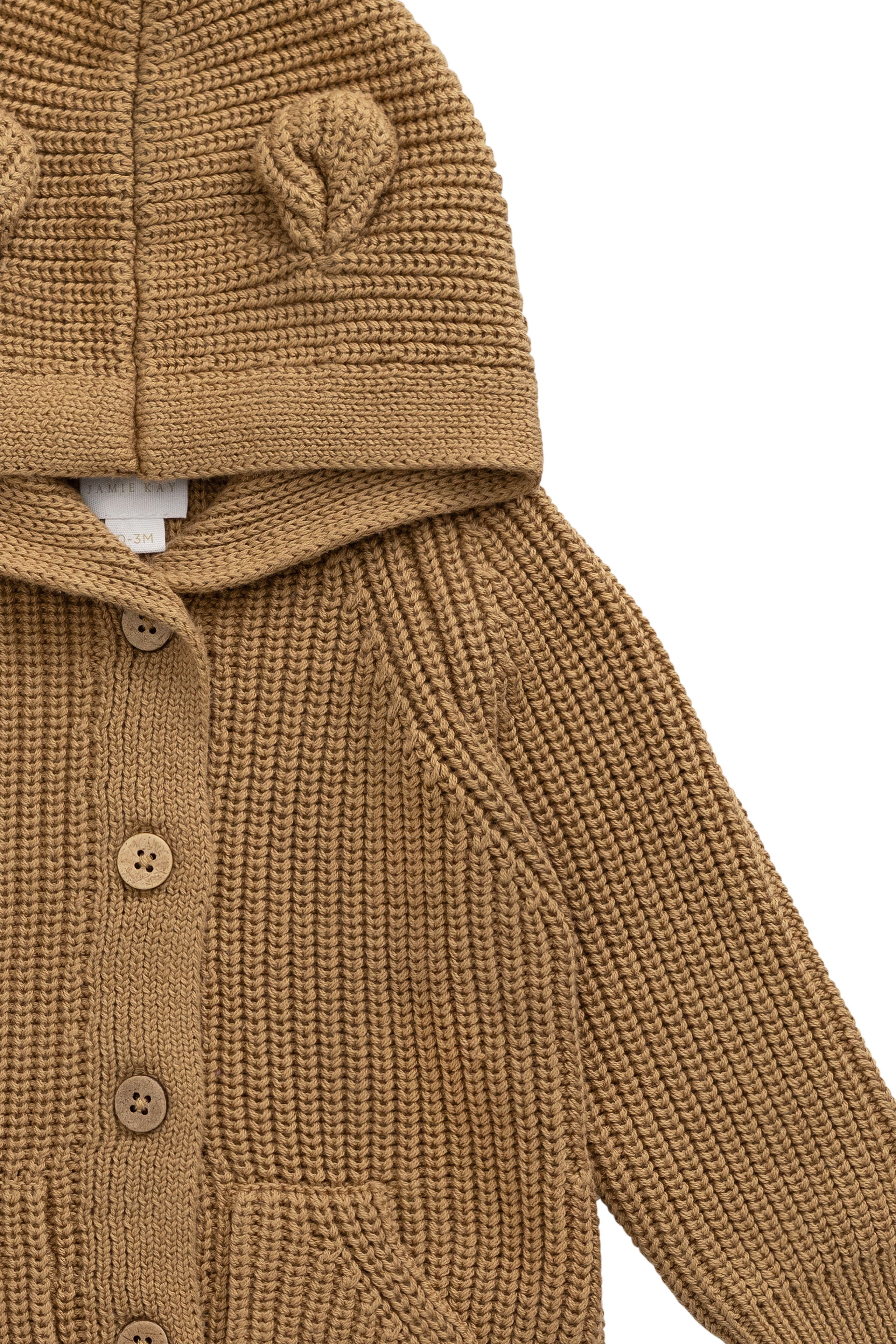 Jolie Grenouillère en Coton Tricoté Marron Fauve avec Capuche Oreilles d'Ours & Poches Frontales