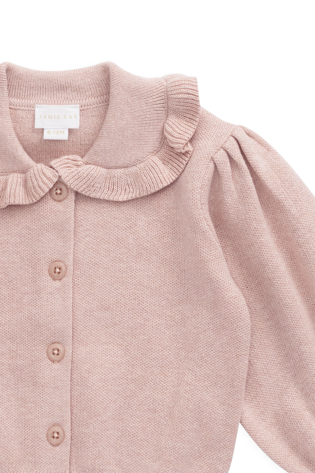 Gilet en maille de coton rose pêche avec col à volants et manches bouffantes