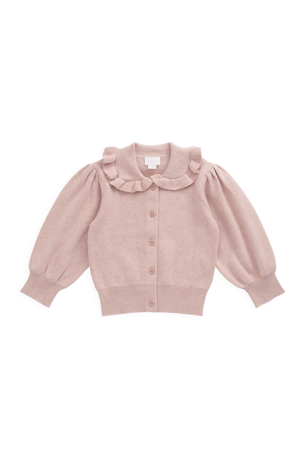 Gilet en maille de coton rose pêche avec col à volants et manches bouffantes