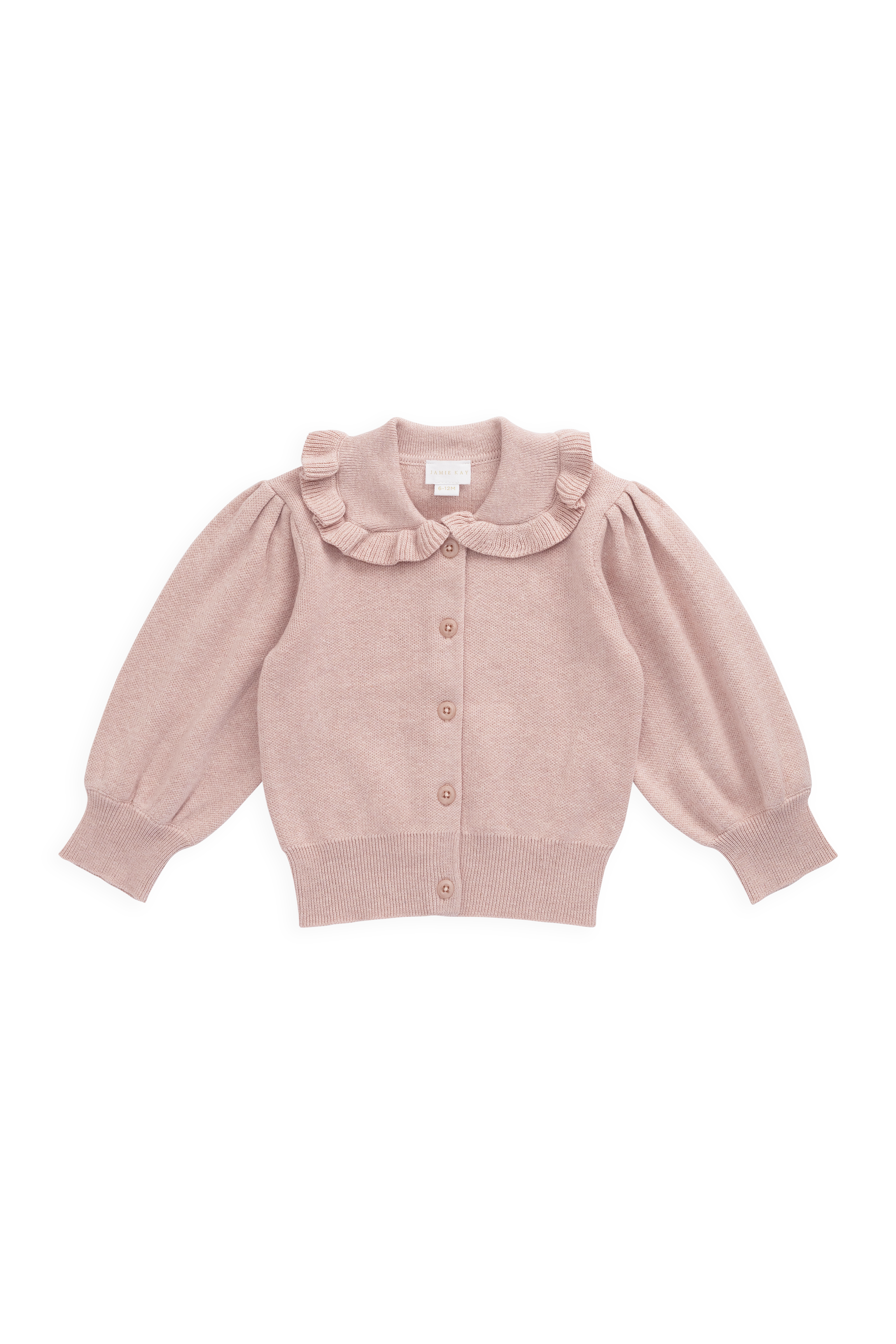 Gilet en maille de coton rose pêche avec col à volants et manches bouffantes