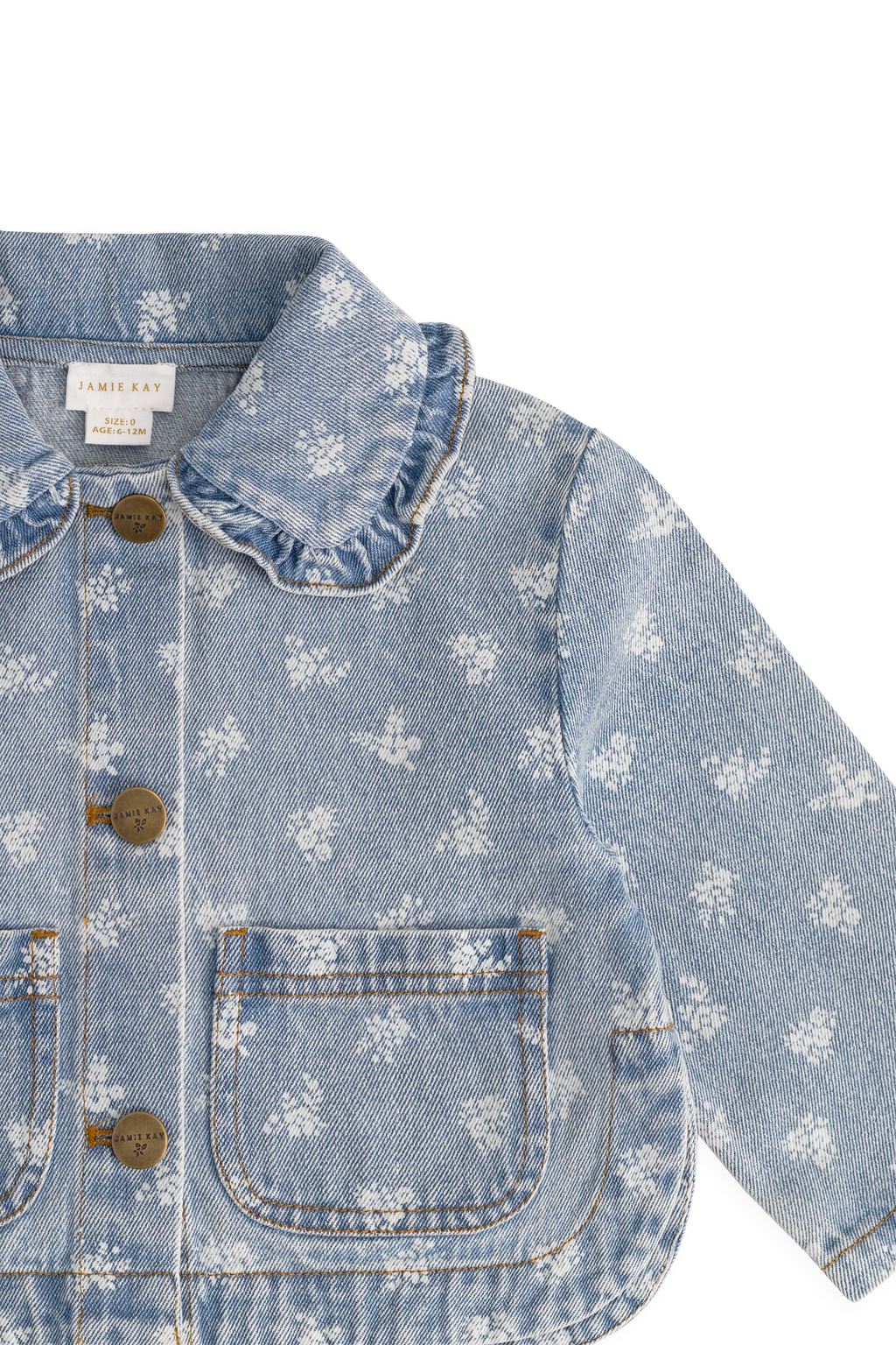 Veste en jean bleu vintage à motif floral, col rond et poches plaquées