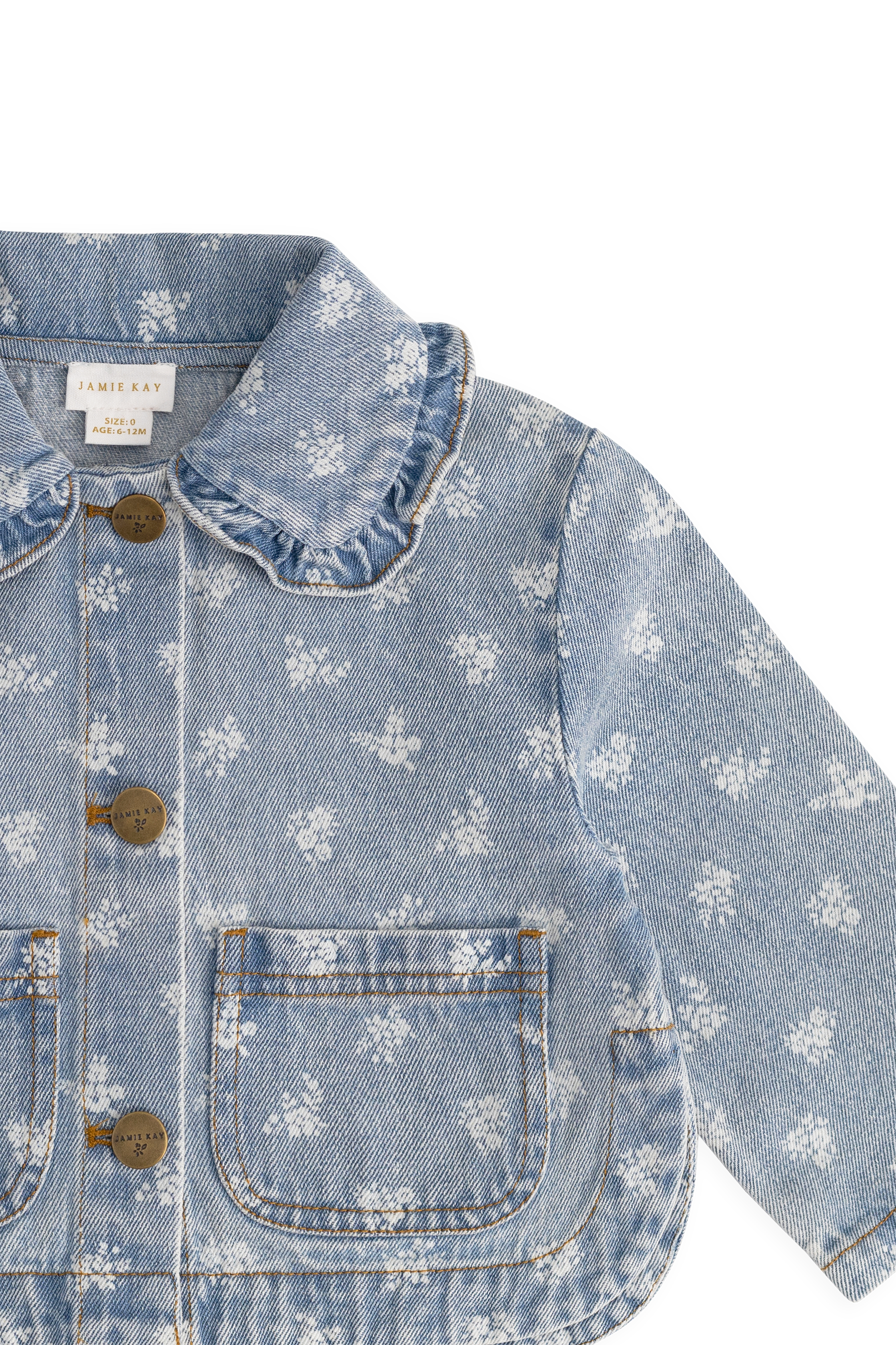 Veste en jean bleu vintage à motif floral, col rond et poches plaquées