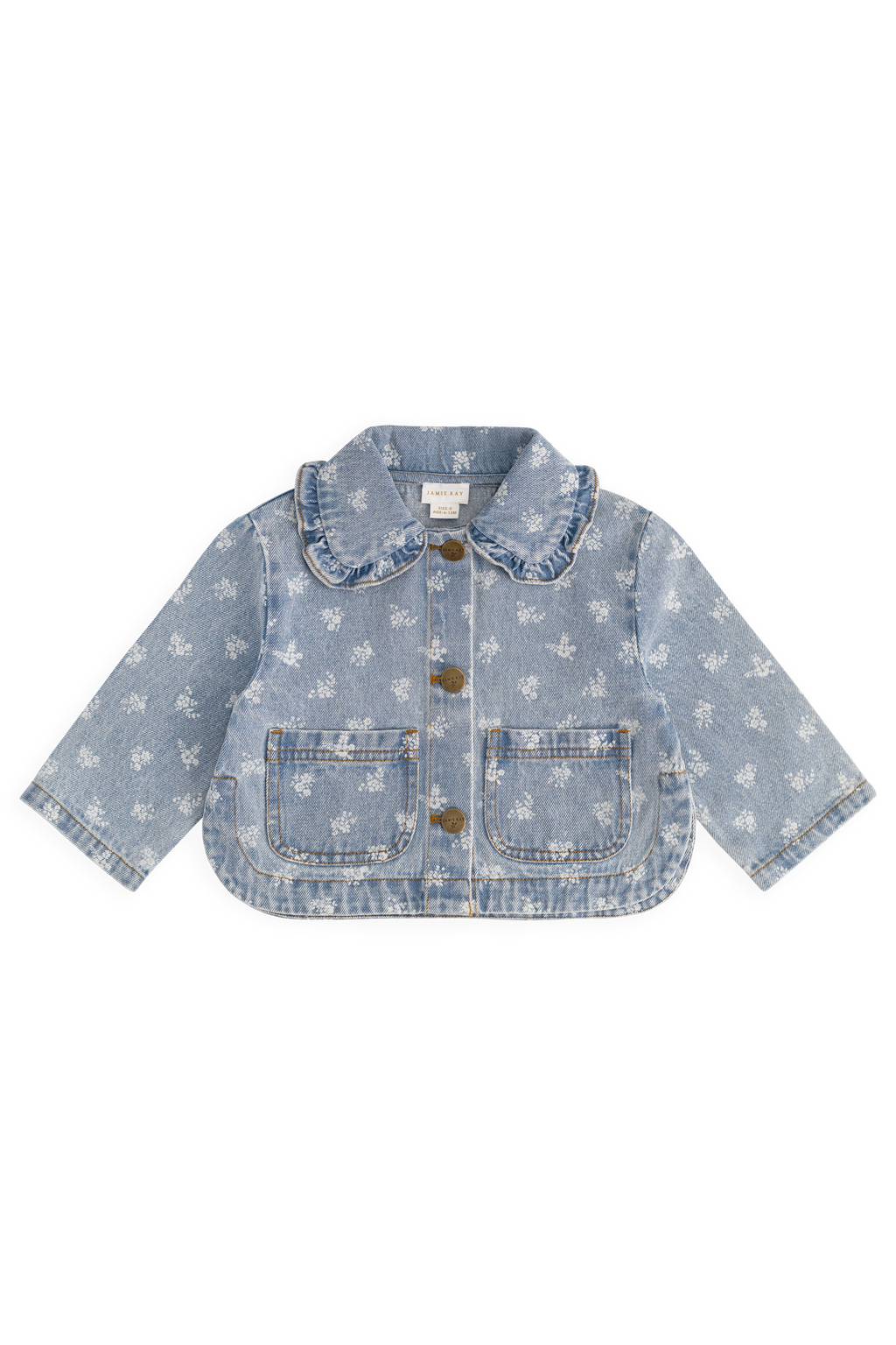 Veste en jean bleu vintage à motif floral, col rond et poches plaquées
