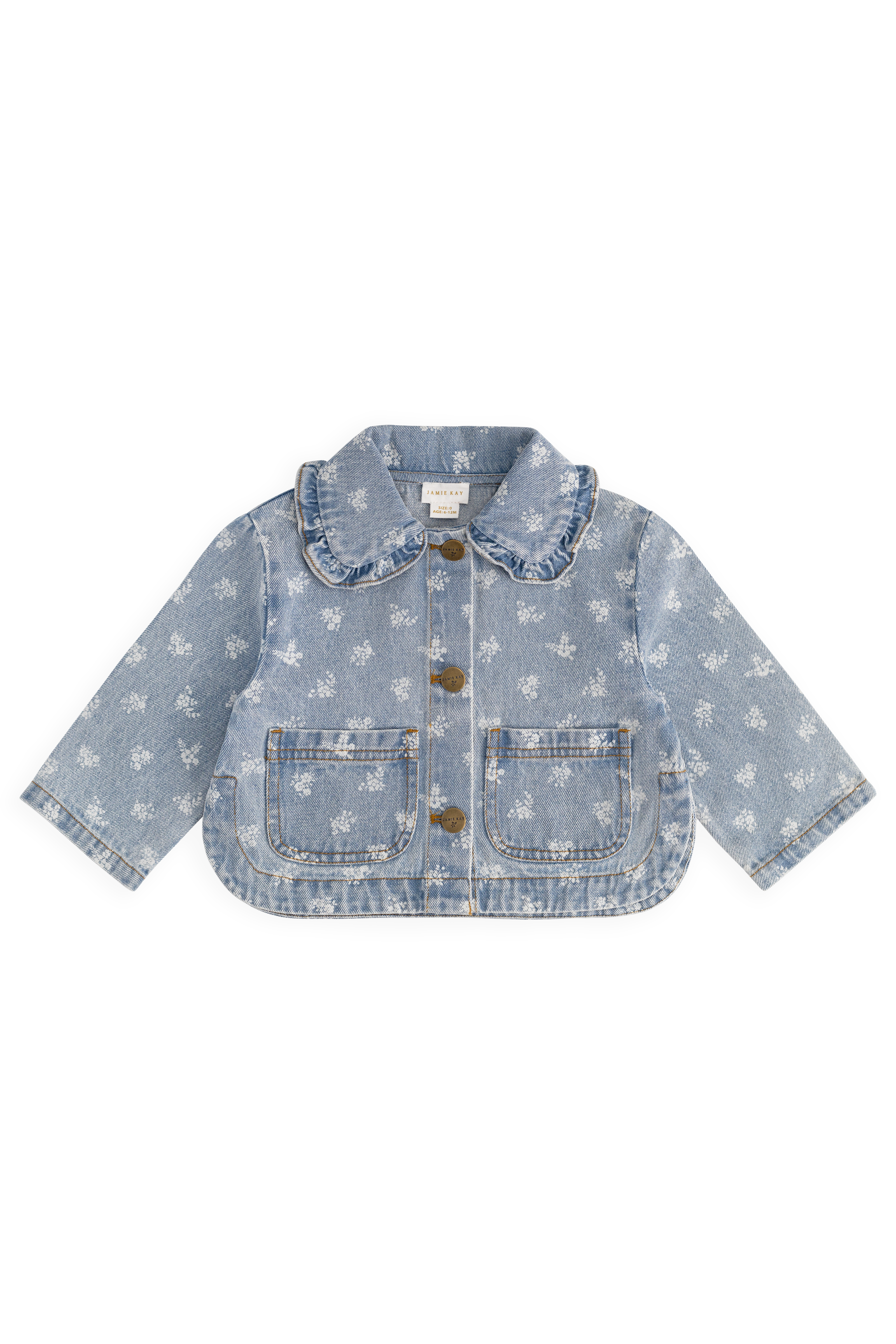 Veste en jean bleu vintage à motif floral, col rond et poches plaquées