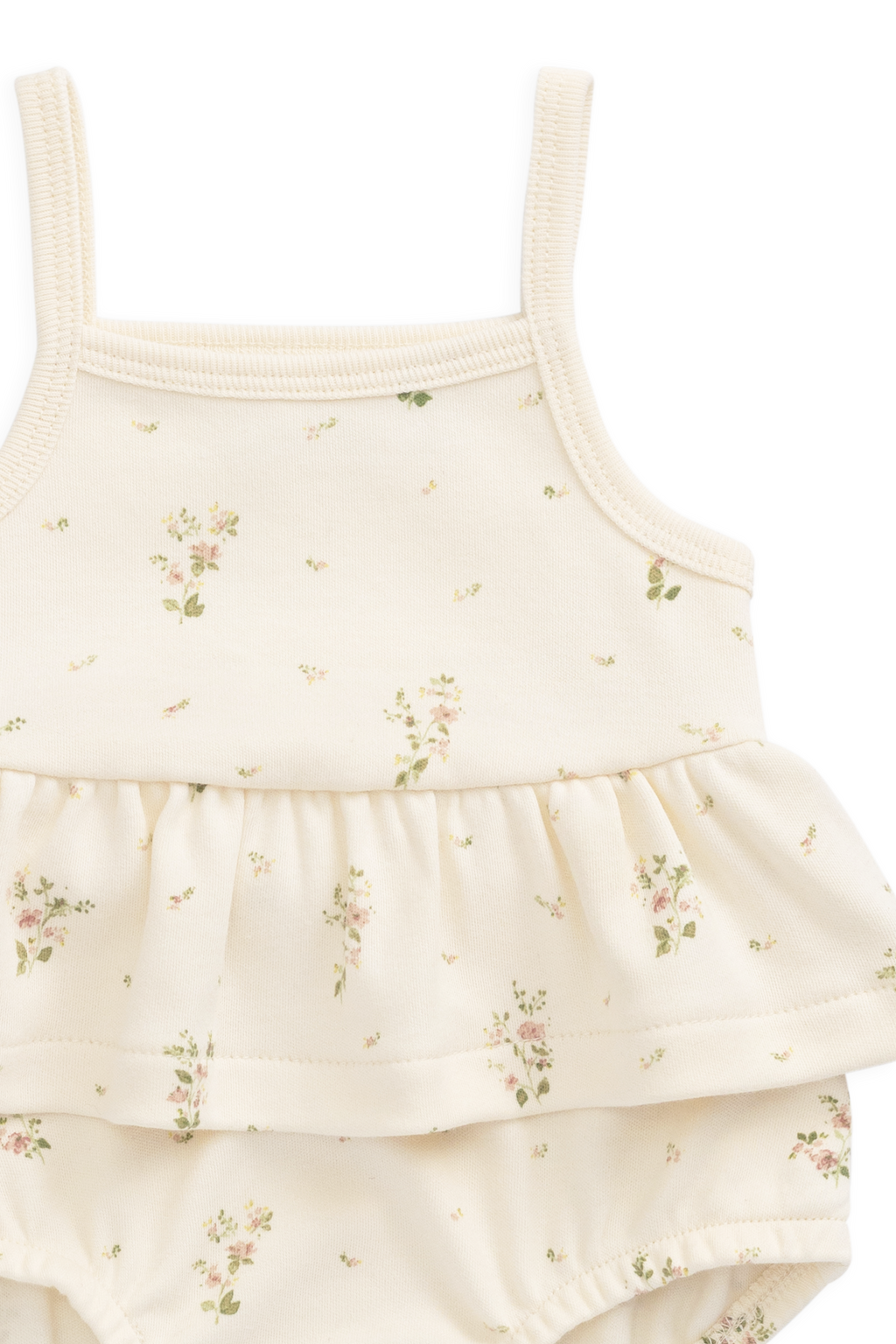 Combinaison-short en coton biologique blanc à imprimé floral vintage avec ourlet péplum et fermeture à bouton-pression