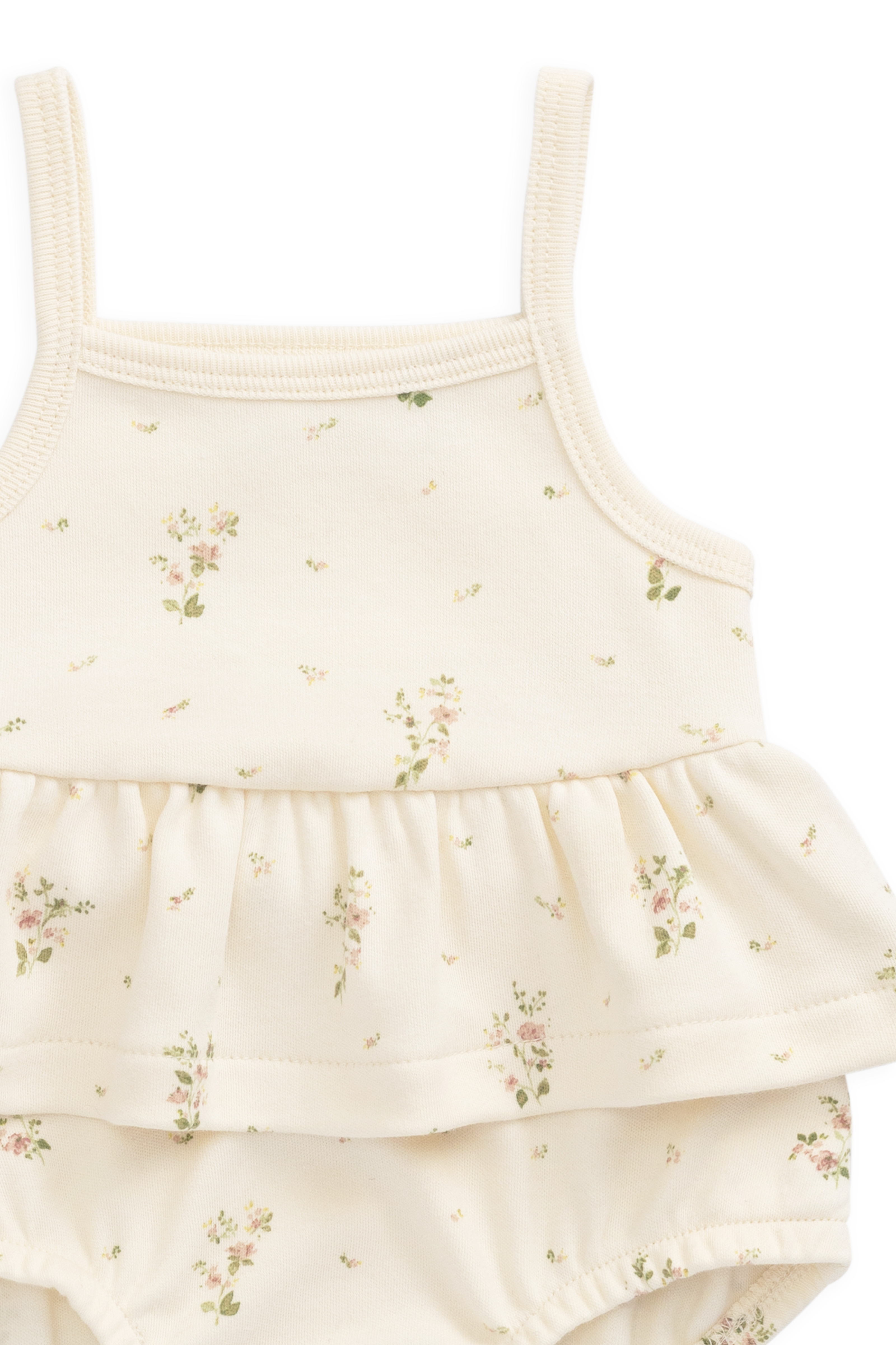 Combinaison-short en coton biologique blanc à imprimé floral vintage avec ourlet péplum et fermeture à bouton-pression
