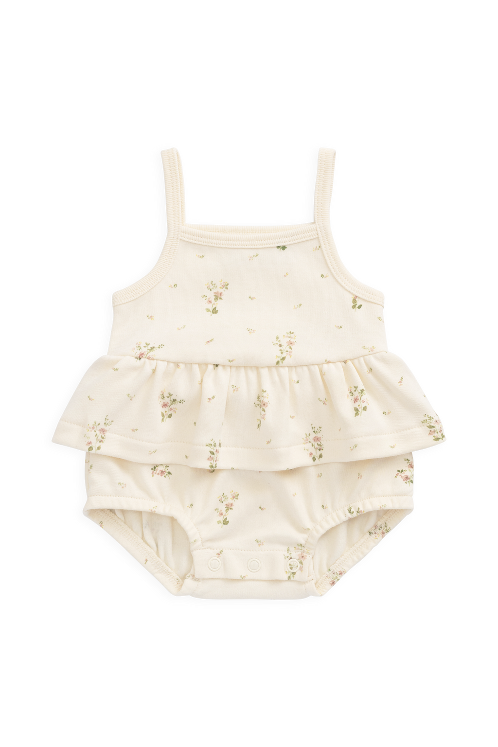 Combinaison-short en coton biologique blanc à imprimé floral vintage avec ourlet péplum et fermeture à bouton-pression