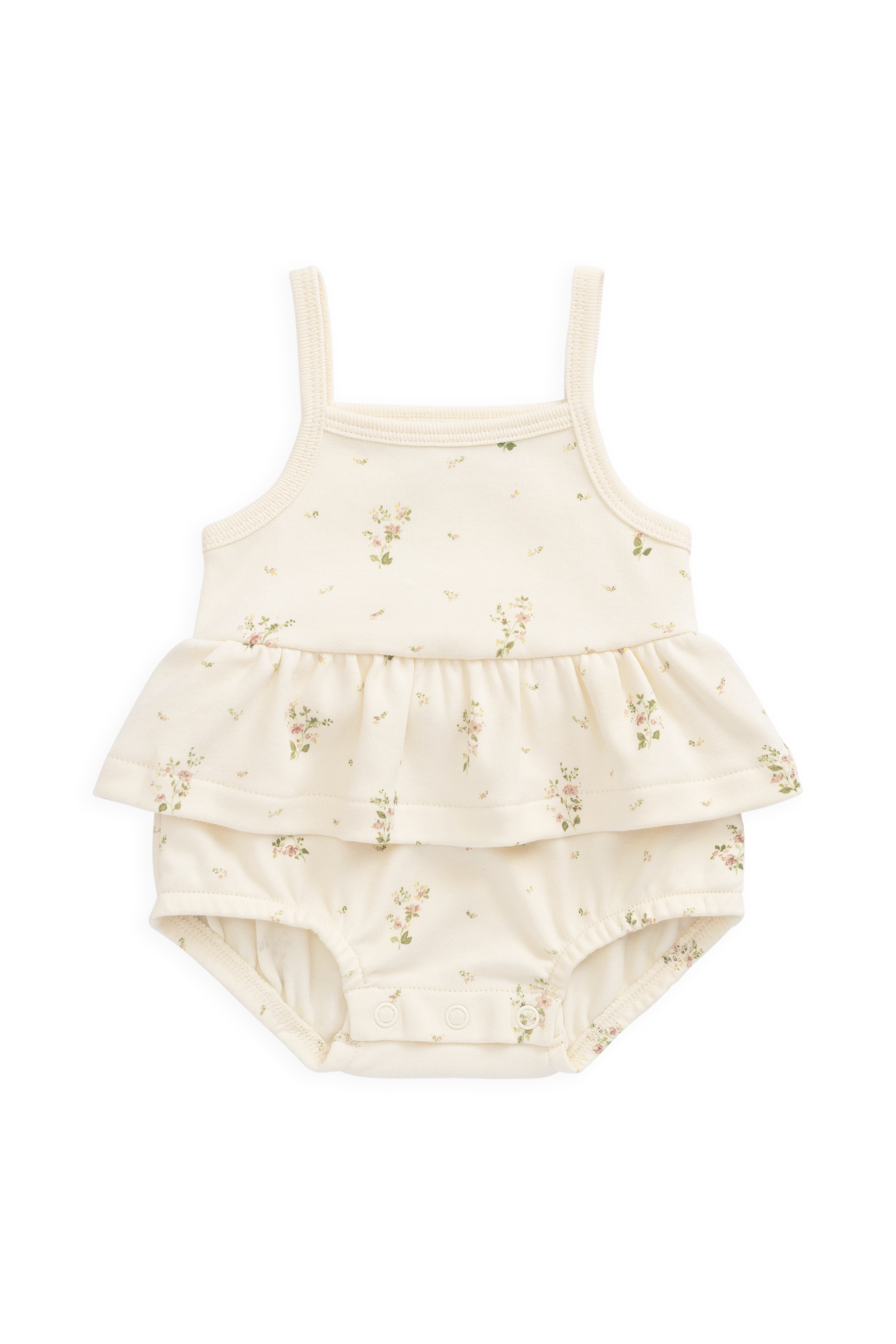 Combinaison-short en coton biologique blanc à imprimé floral vintage avec ourlet péplum et fermeture à bouton-pression