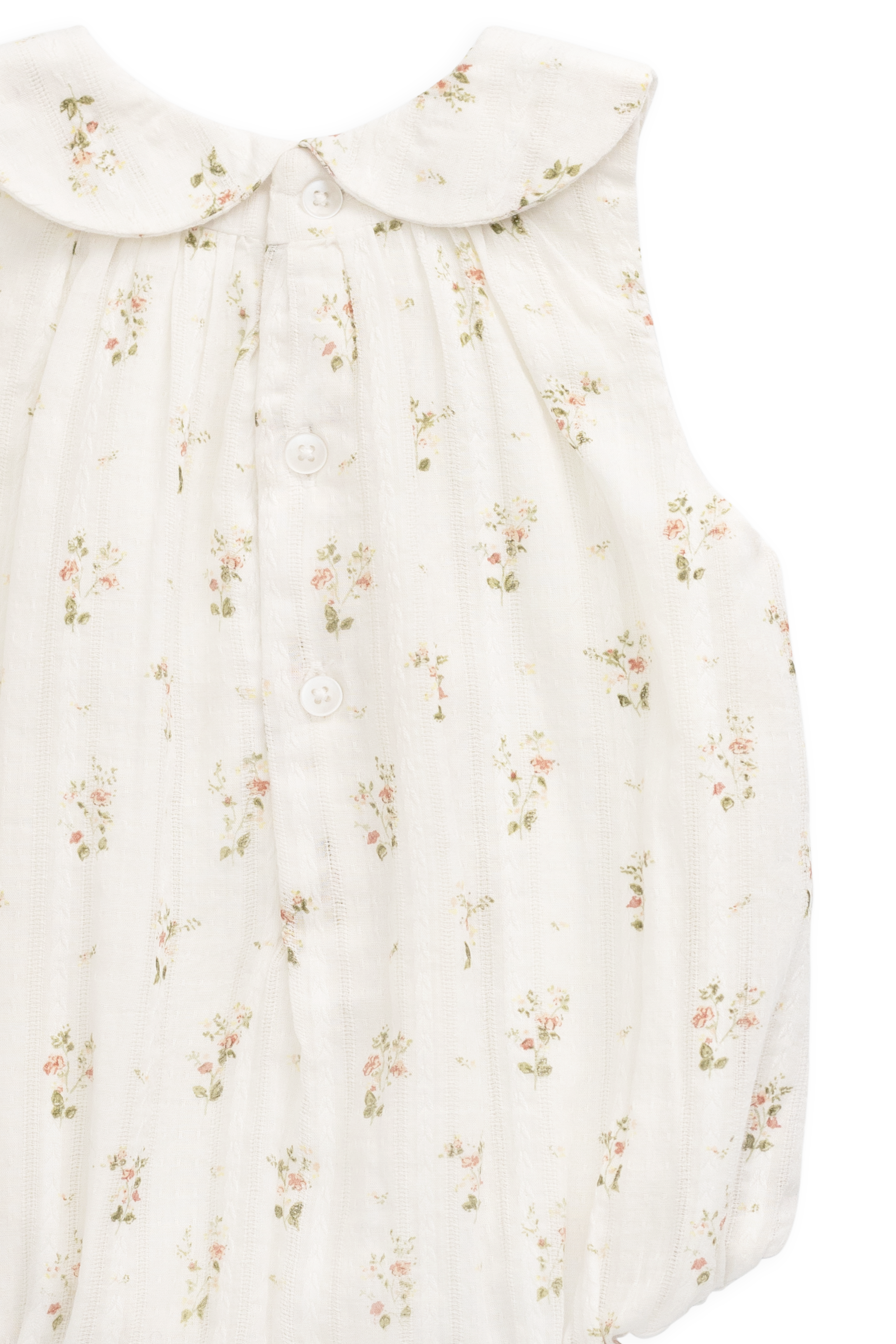 Barboteuse vintage en coton bio blanc à imprimé floral, col Claudine et jambes élastiquées