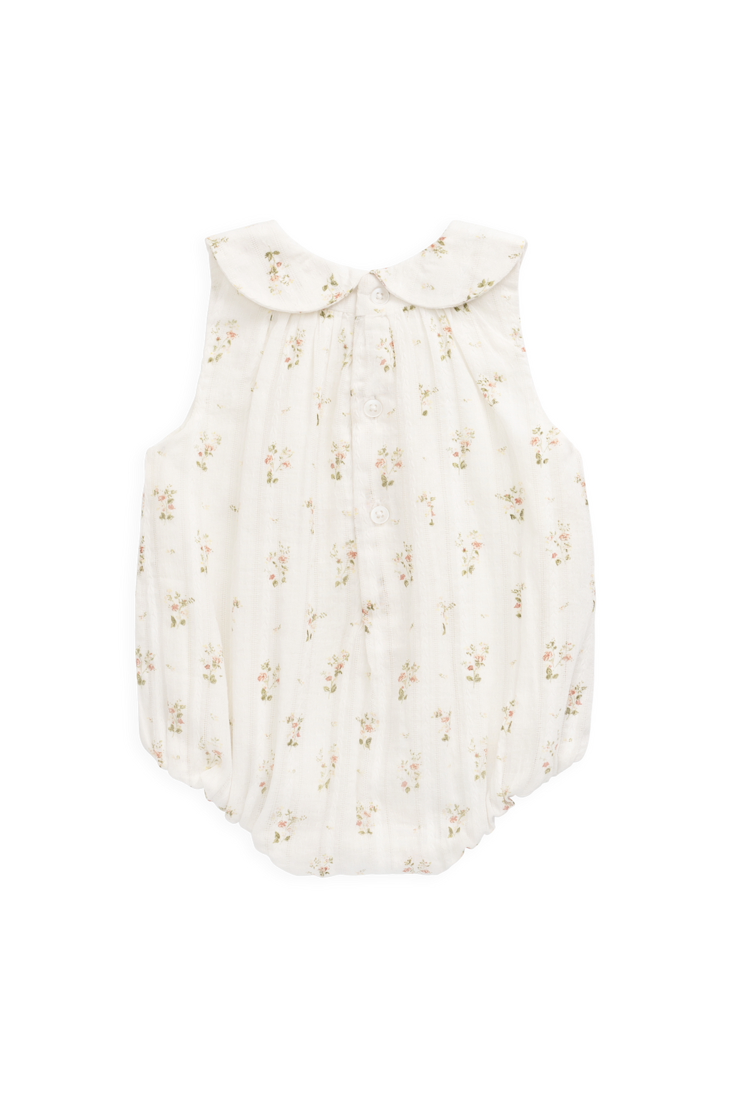 Barboteuse vintage en coton bio blanc à imprimé floral, col Claudine et jambes élastiquées