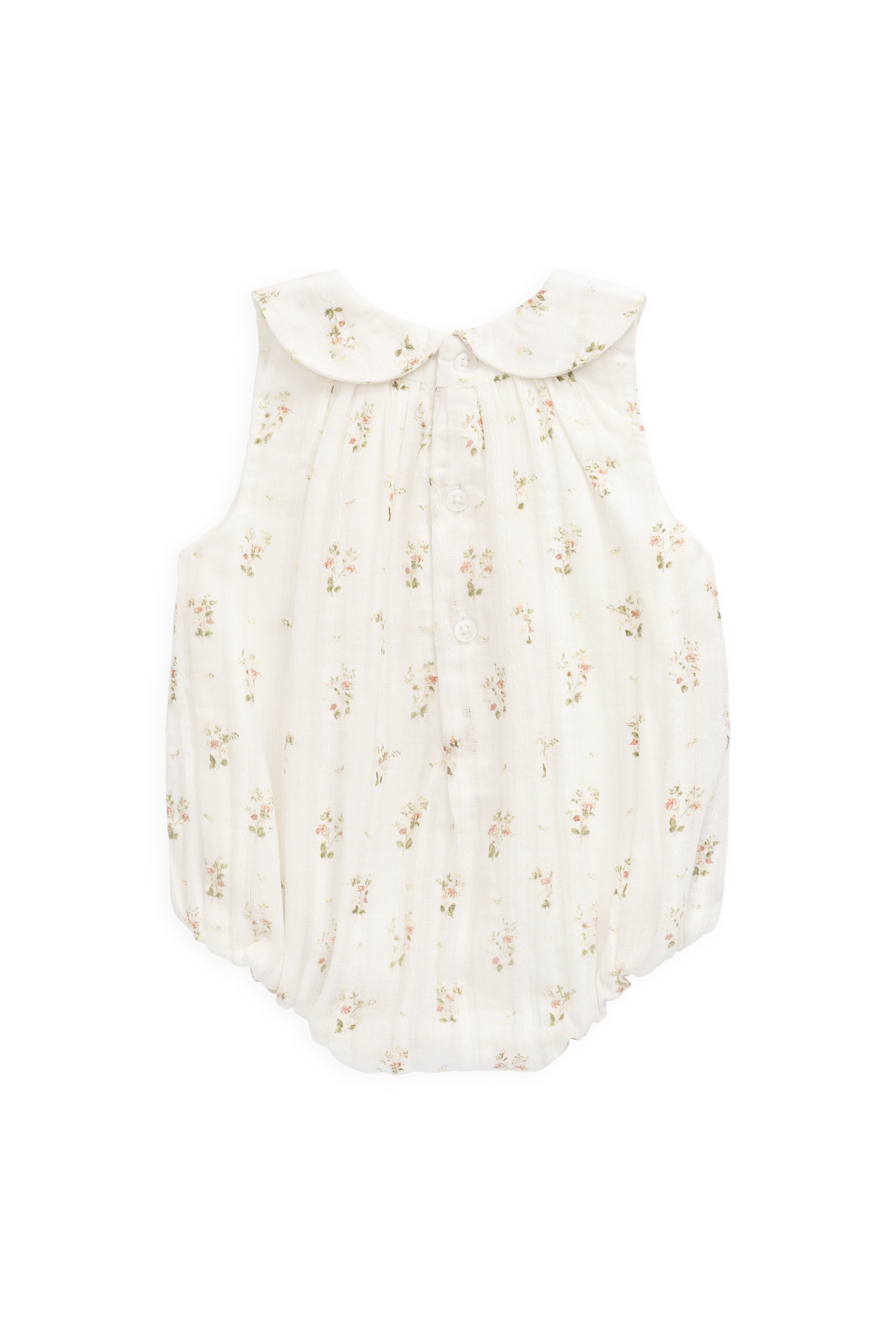 Barboteuse vintage en coton bio blanc à imprimé floral, col Claudine et jambes élastiquées