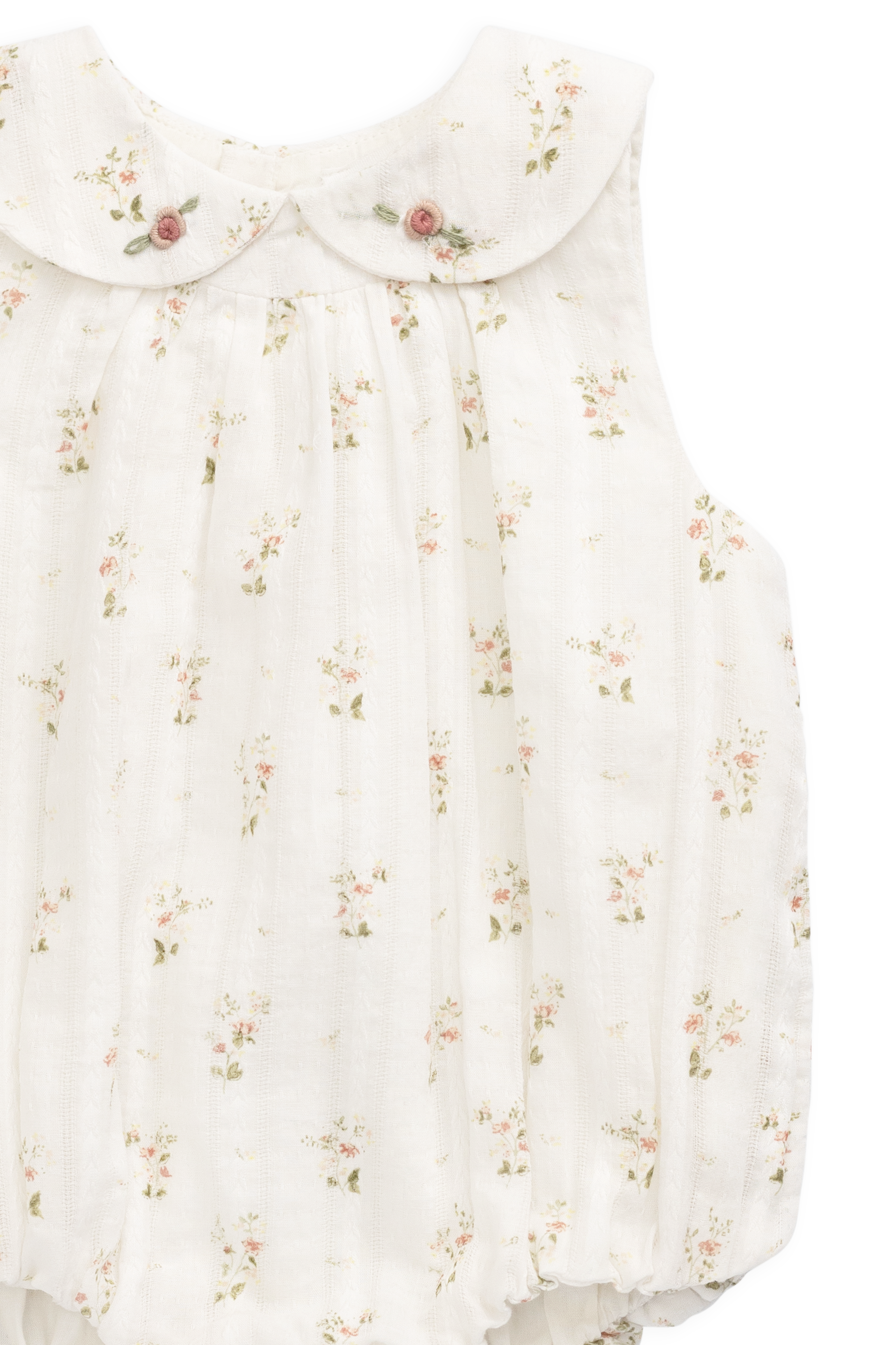 Barboteuse vintage en coton bio blanc à imprimé floral, col Claudine et jambes élastiquées