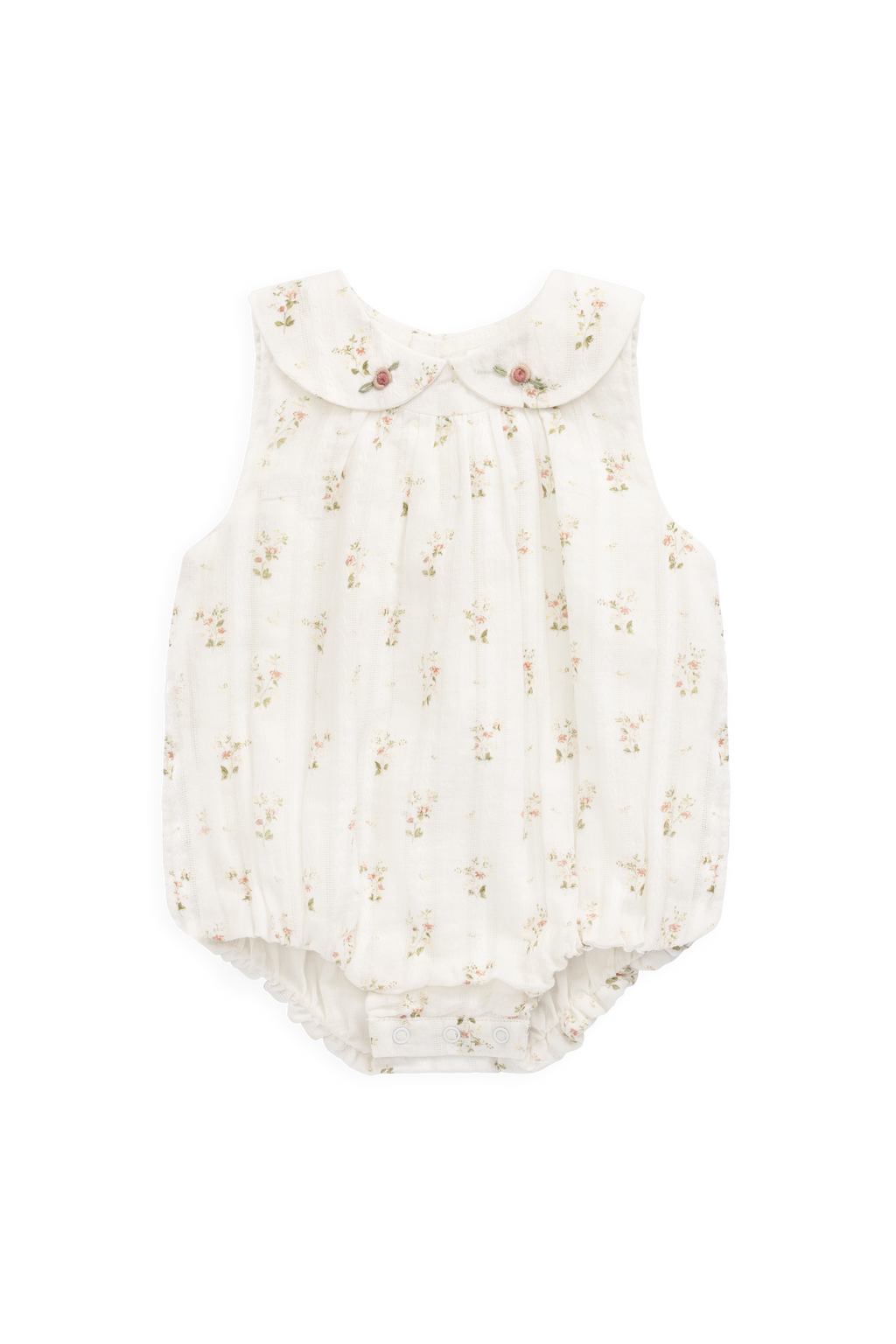 Barboteuse vintage en coton bio blanc à imprimé floral, col Claudine et jambes élastiquées