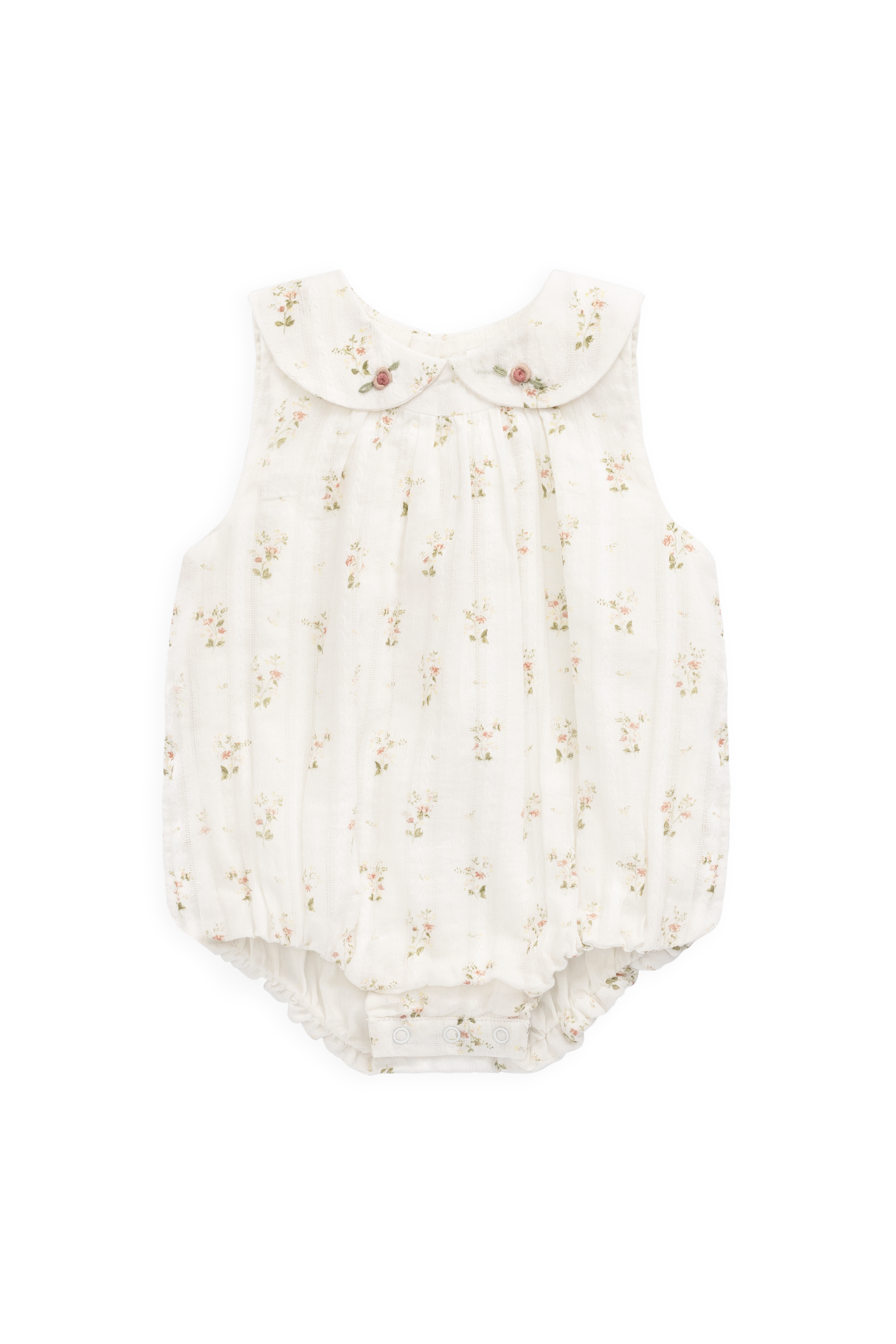 Barboteuse vintage en coton bio blanc à imprimé floral, col Claudine et jambes élastiquées