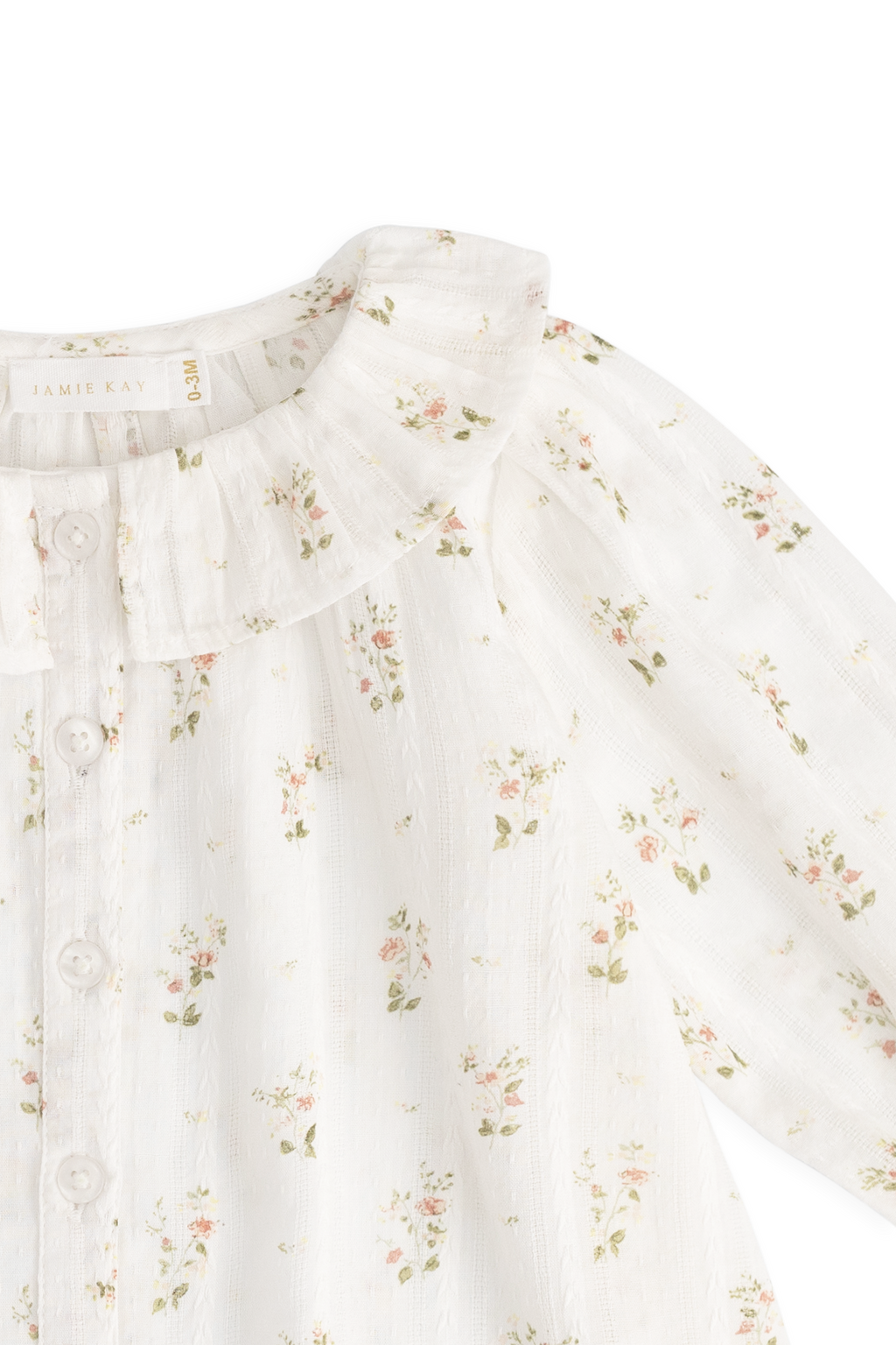 Top en coton bio blanc cassé Heirloom Floral avec encolure à volants et manches longues