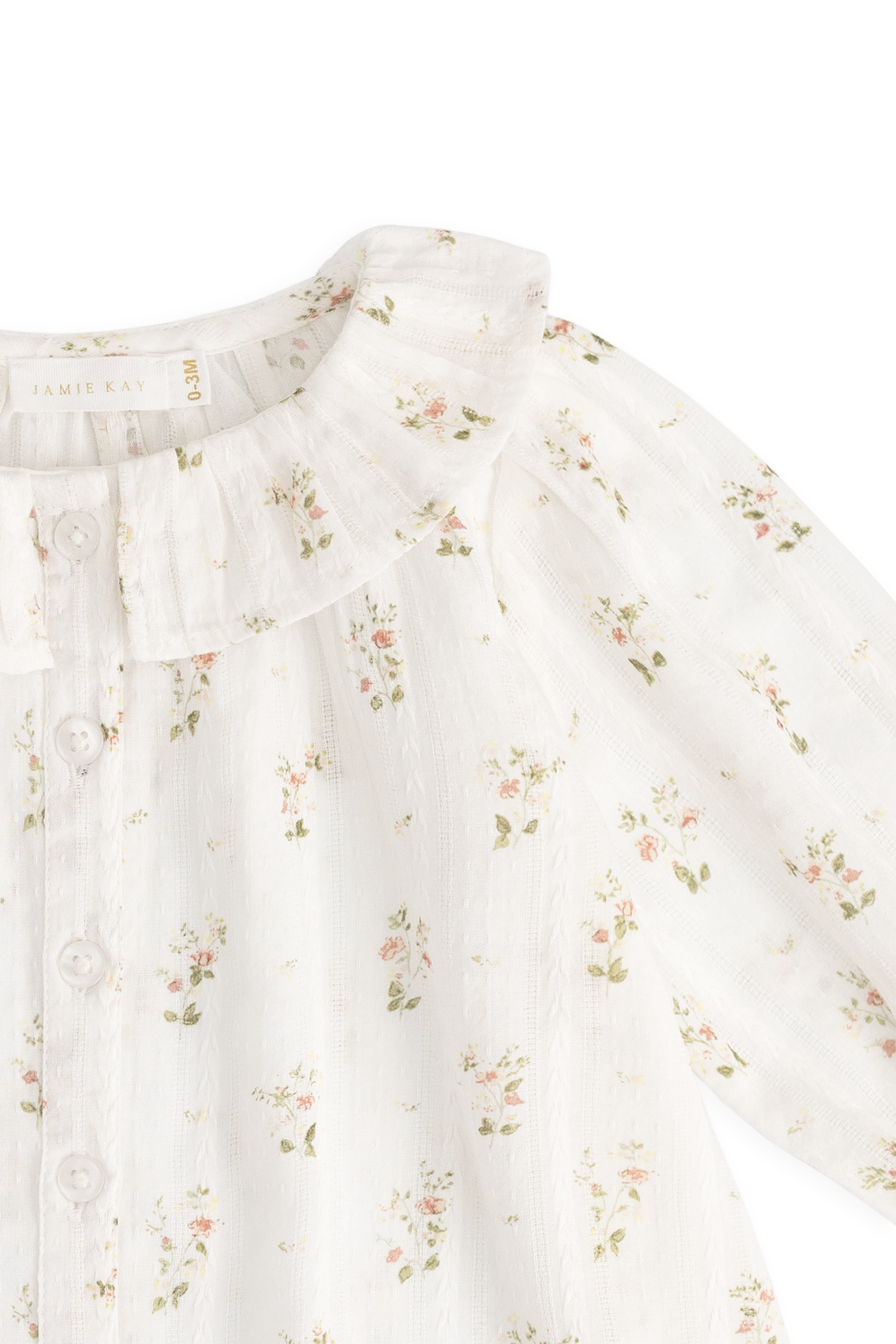 Top en coton bio blanc cassé Heirloom Floral avec encolure à volants et manches longues