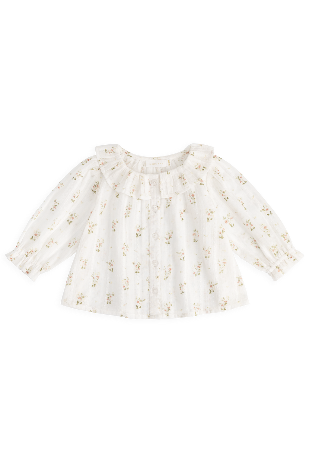 Top en coton bio blanc cassé Heirloom Floral avec encolure à volants et manches longues