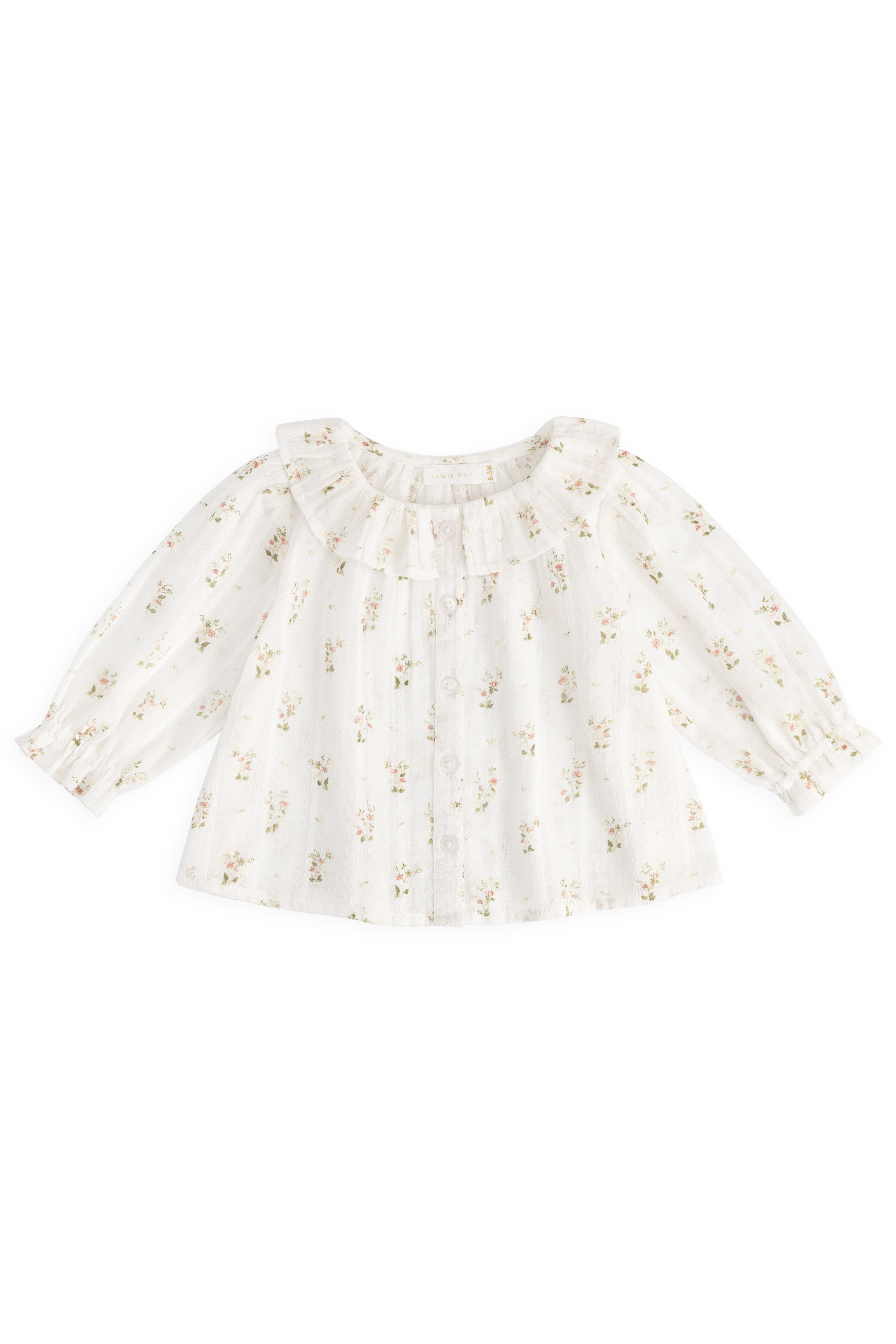 Top en coton bio blanc cassé Heirloom Floral avec encolure à volants et manches longues