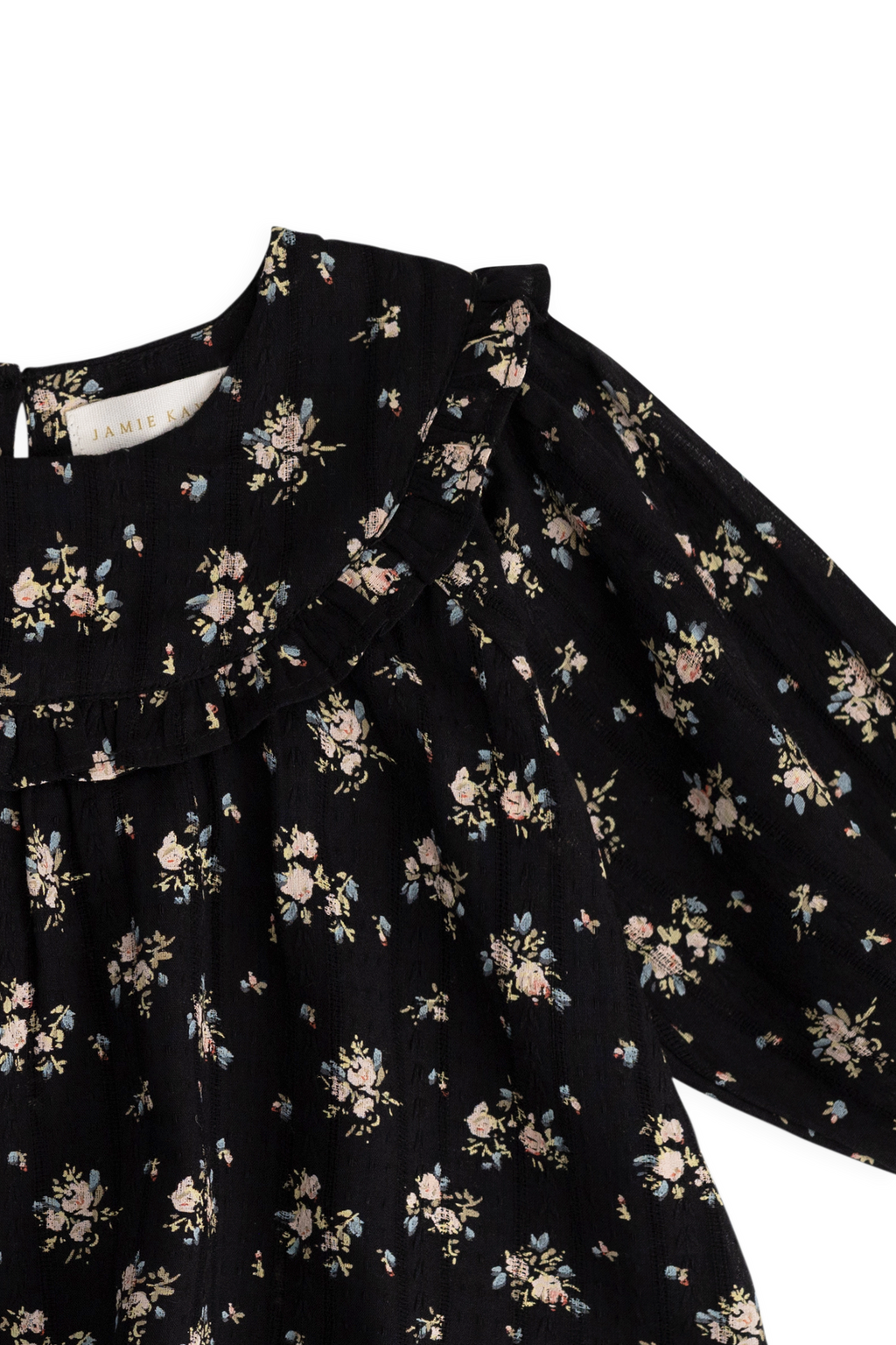 Chemisier vintage en coton bio noir à motif floral avec manches bouffantes et empiècement à volants