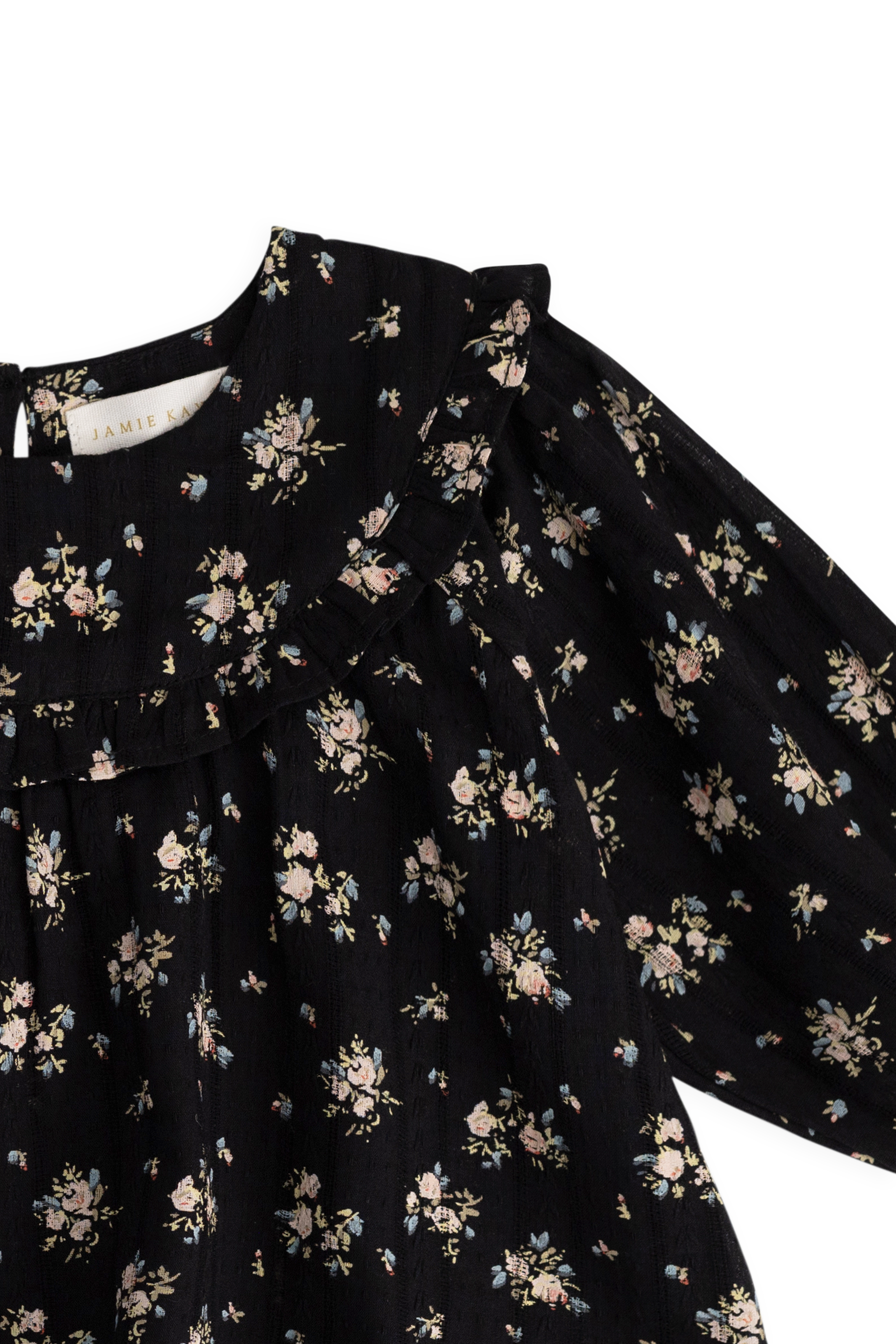 Chemisier vintage en coton bio noir à motif floral avec manches bouffantes et empiècement à volants