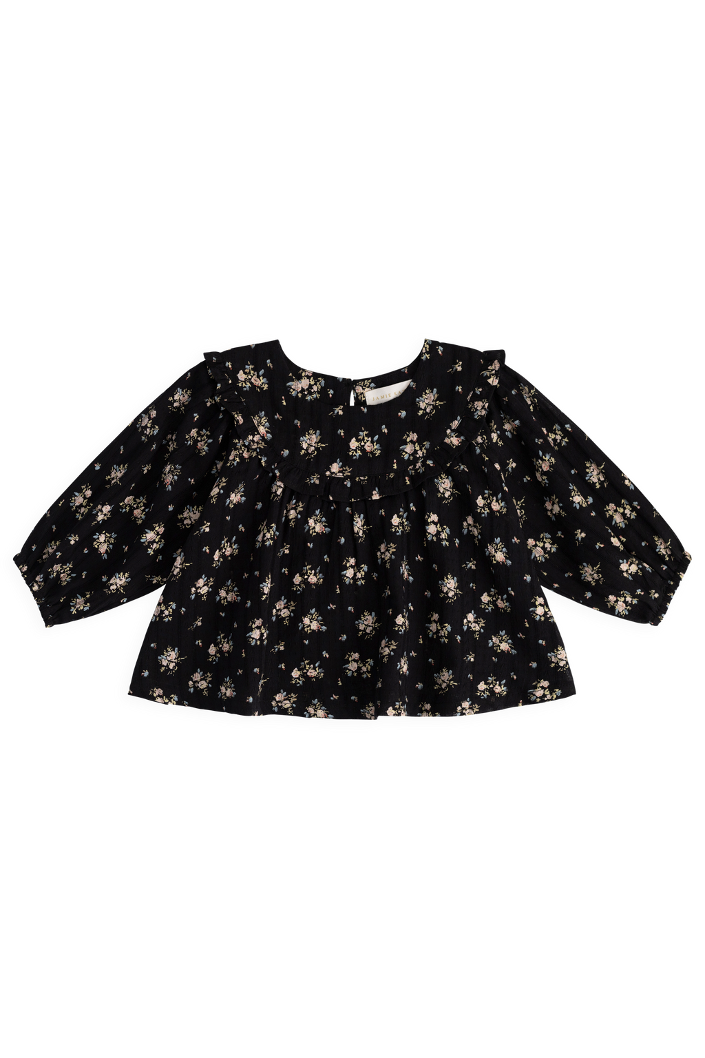 Chemisier vintage en coton bio noir à motif floral avec manches bouffantes et empiècement à volants
