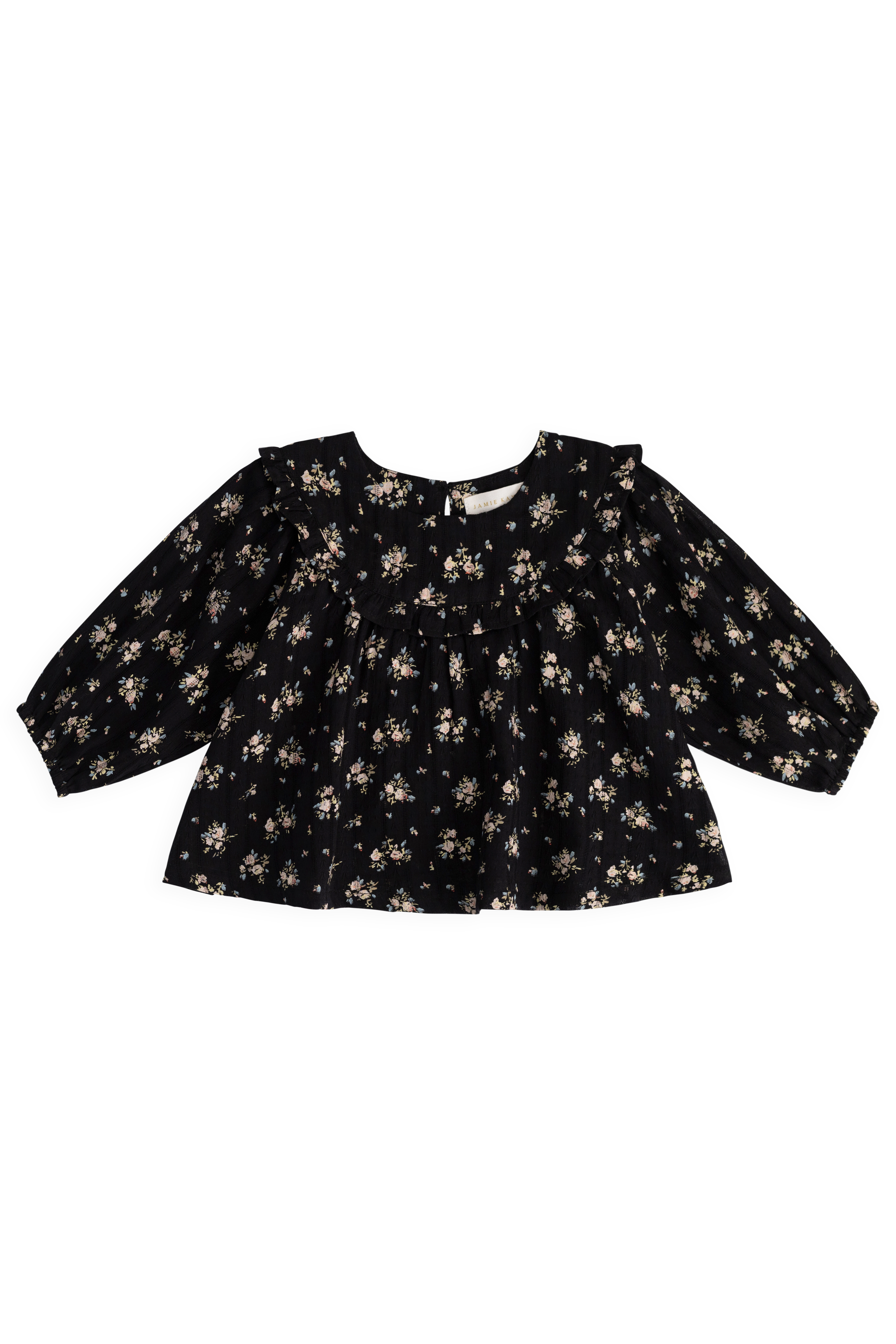 Chemisier vintage en coton bio noir à motif floral avec manches bouffantes et empiècement à volants