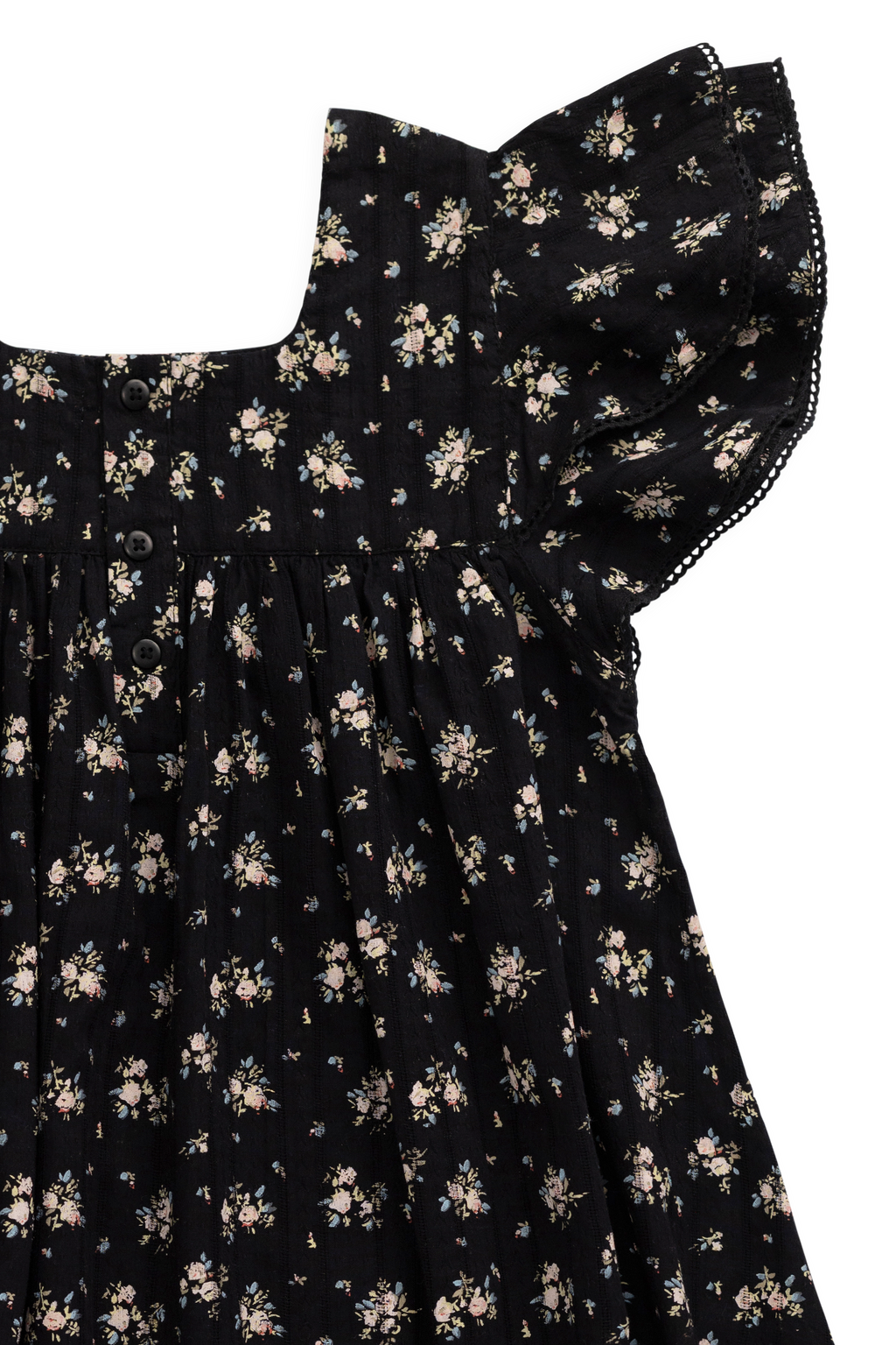 Robe en coton biologique noir à imprimé floral vintage avec corsage froncé et manches volantées