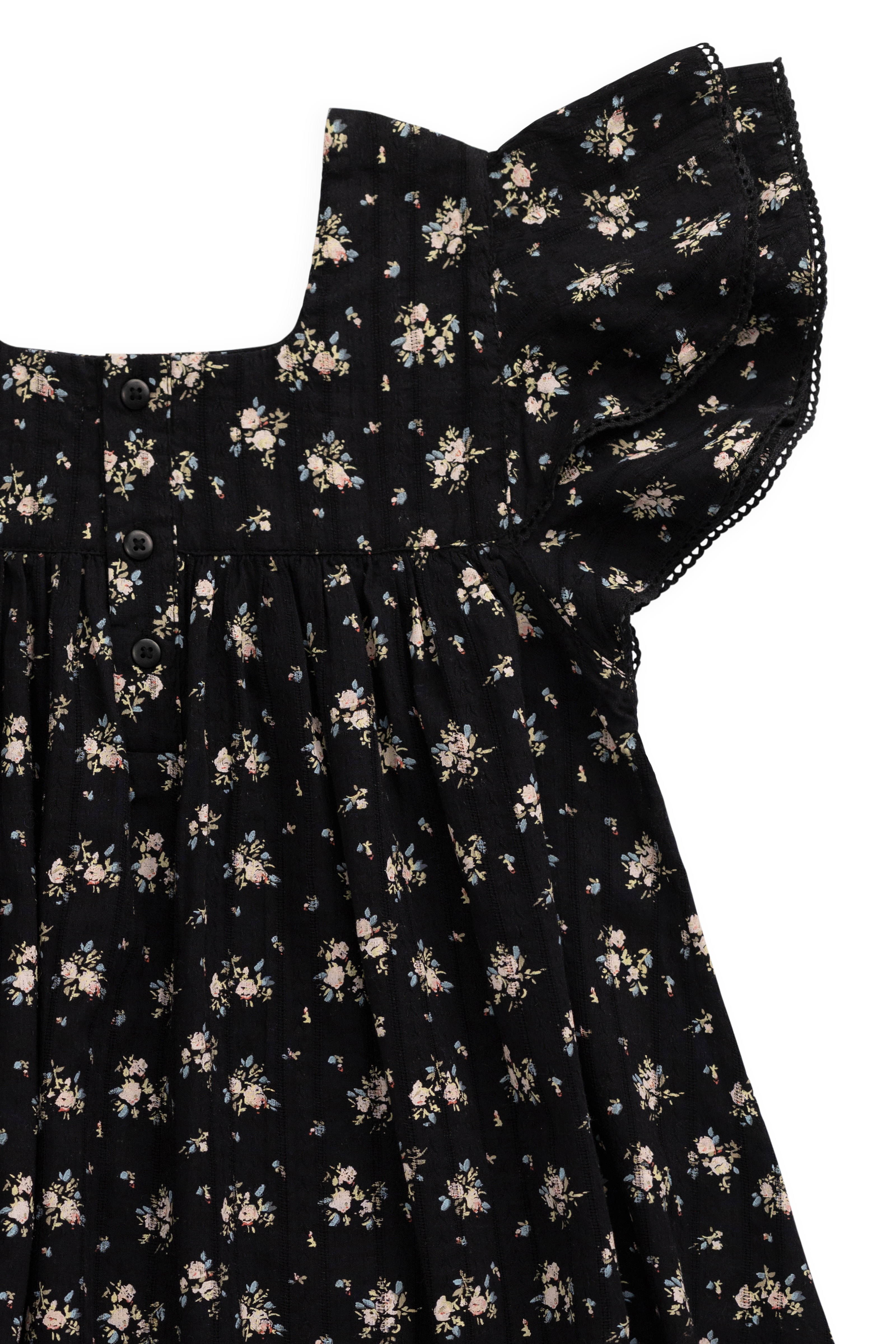 Robe en coton biologique noir à imprimé floral vintage avec corsage froncé et manches volantées