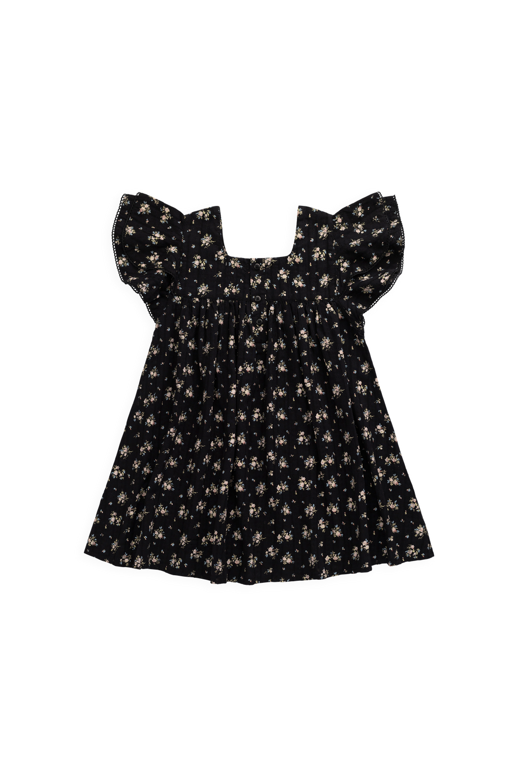 Robe en coton biologique noir à imprimé floral vintage avec corsage froncé et manches volantées