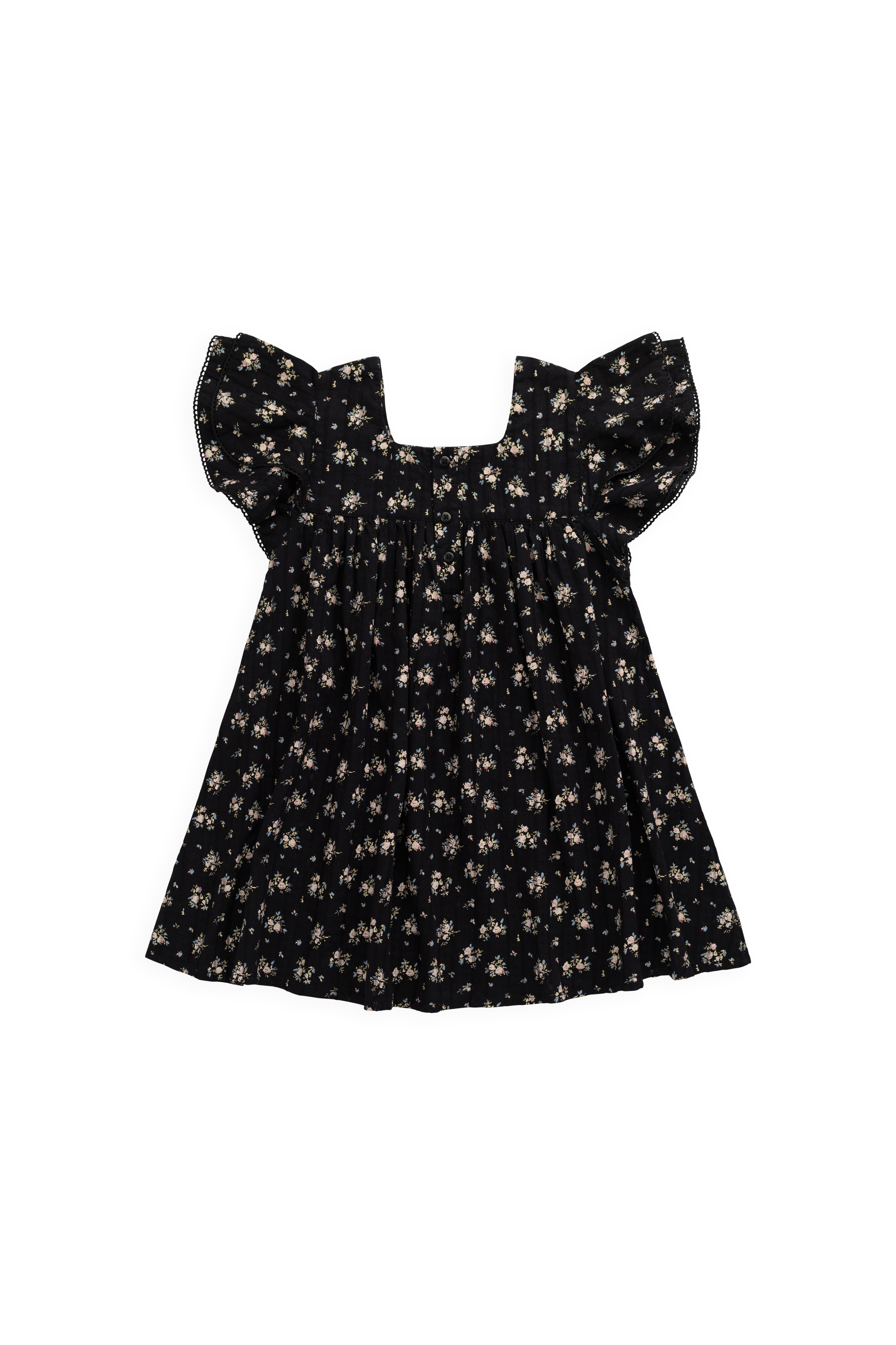 Robe en coton biologique noir à imprimé floral vintage avec corsage froncé et manches volantées