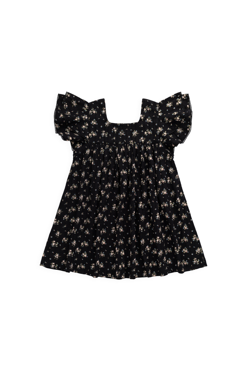 Robe en coton biologique noir à imprimé floral vintage avec corsage froncé et manches volantées