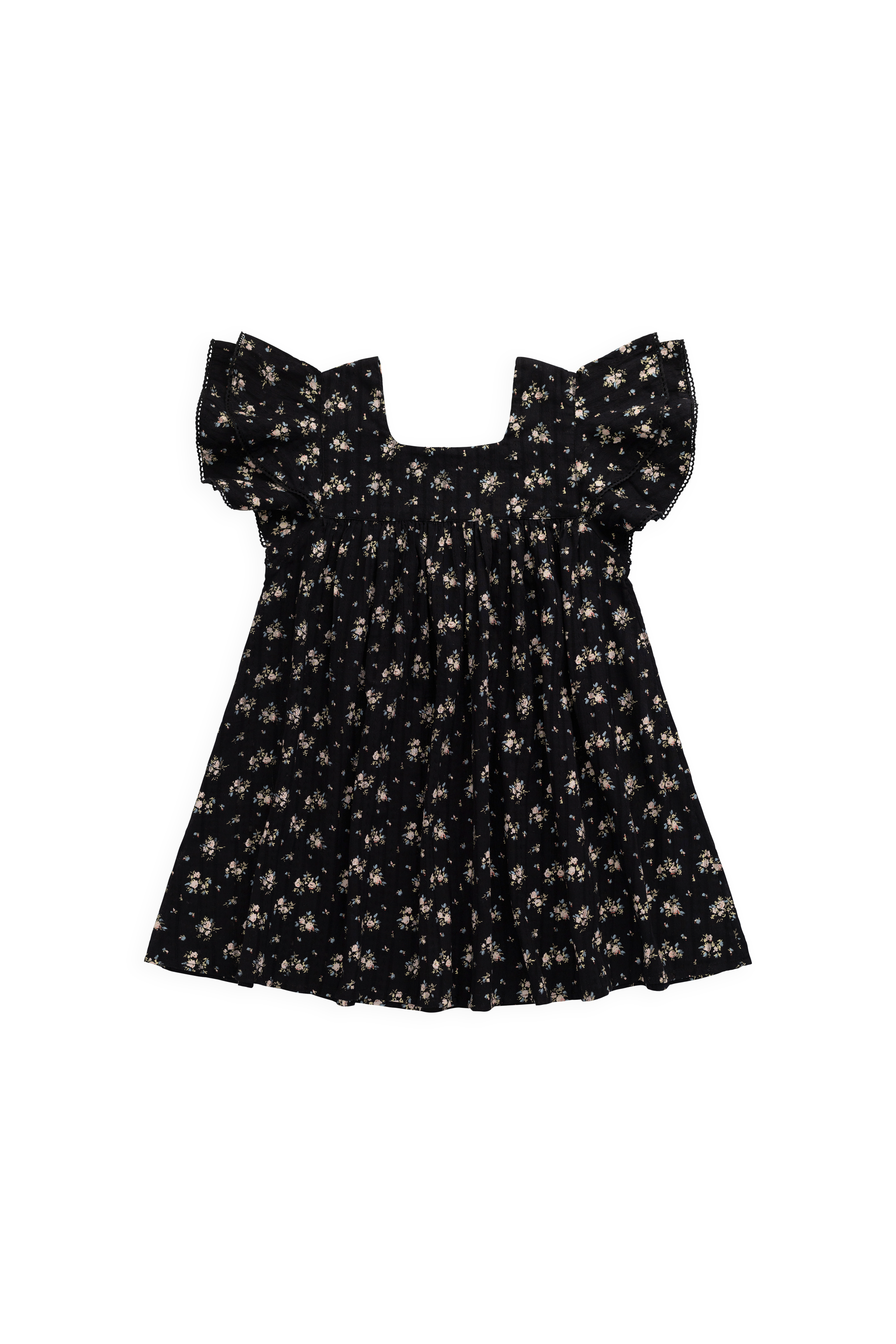 Robe en coton biologique noir à imprimé floral vintage avec corsage froncé et manches volantées