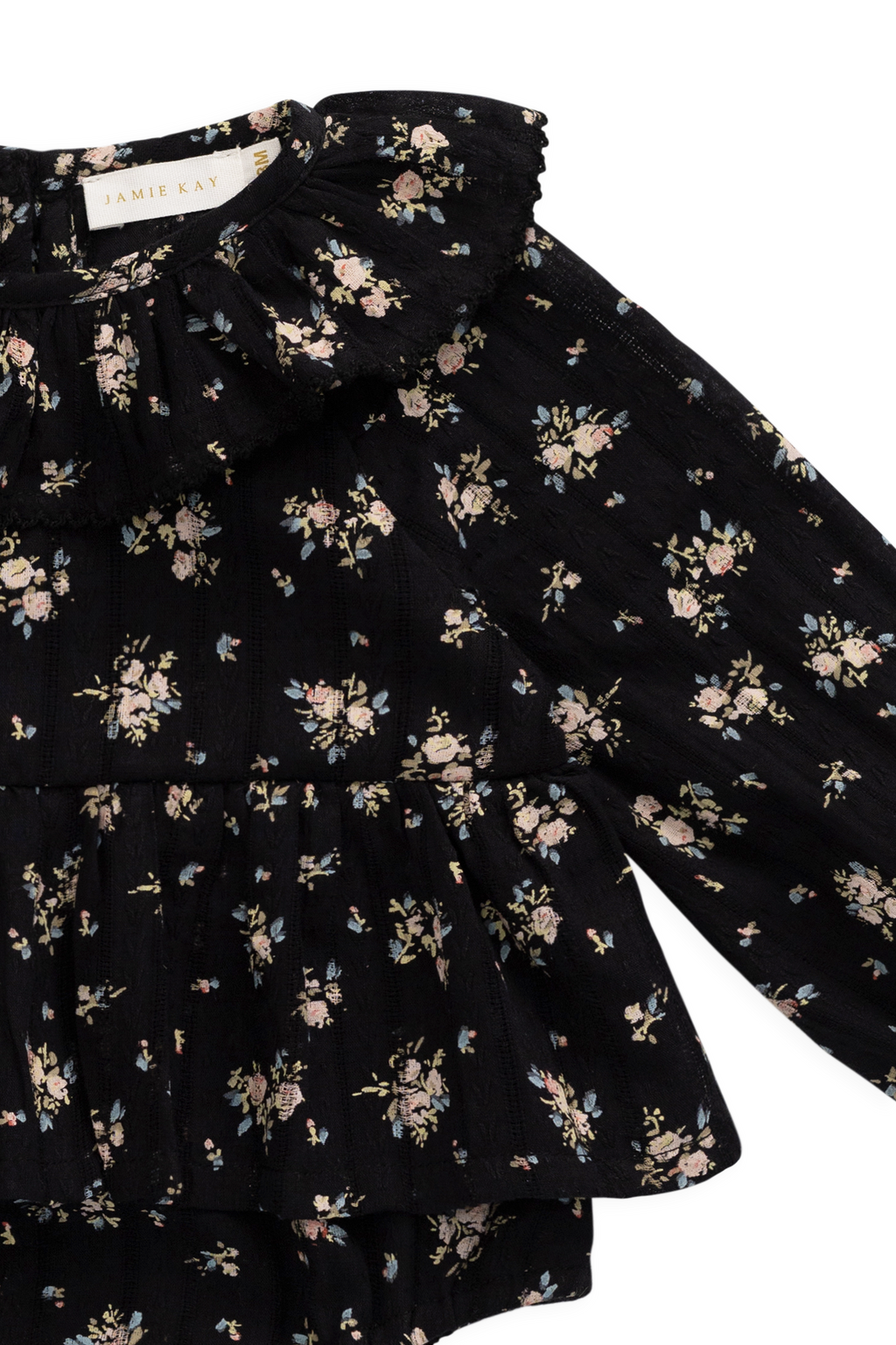 Grenouillère bébé manches longues en coton biologique noir à imprimé floral vintage avec boutons-pression