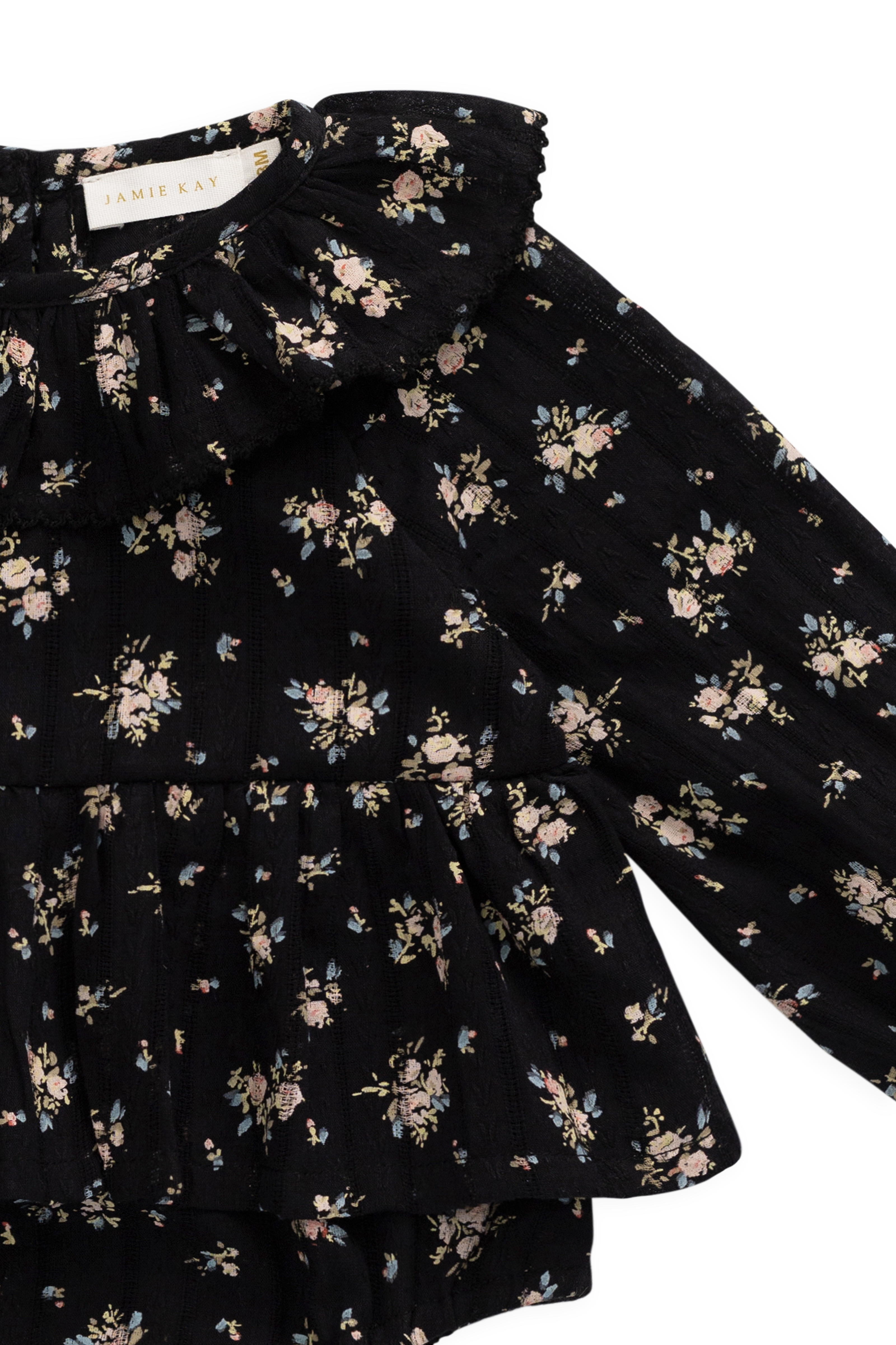 Grenouillère bébé manches longues en coton biologique noir à imprimé floral vintage avec boutons-pression