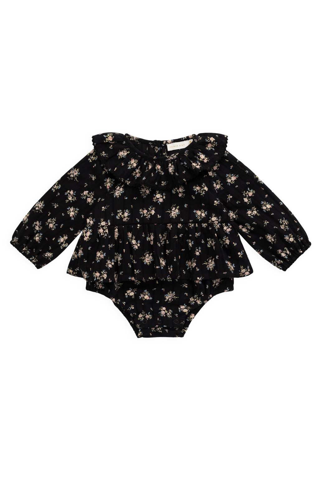Grenouillère bébé manches longues en coton biologique noir à imprimé floral vintage avec boutons-pression