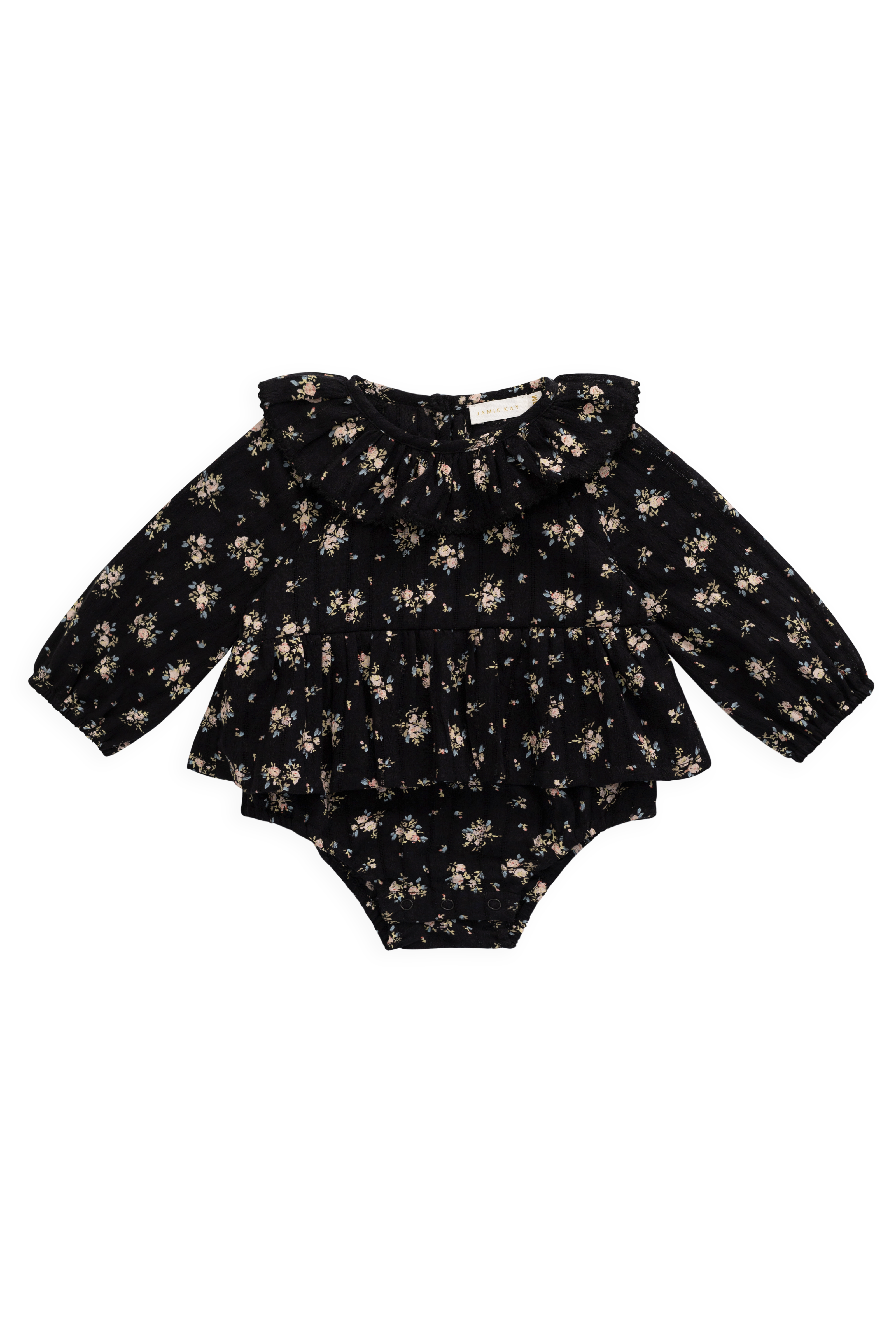 Grenouillère bébé manches longues en coton biologique noir à imprimé floral vintage avec boutons-pression