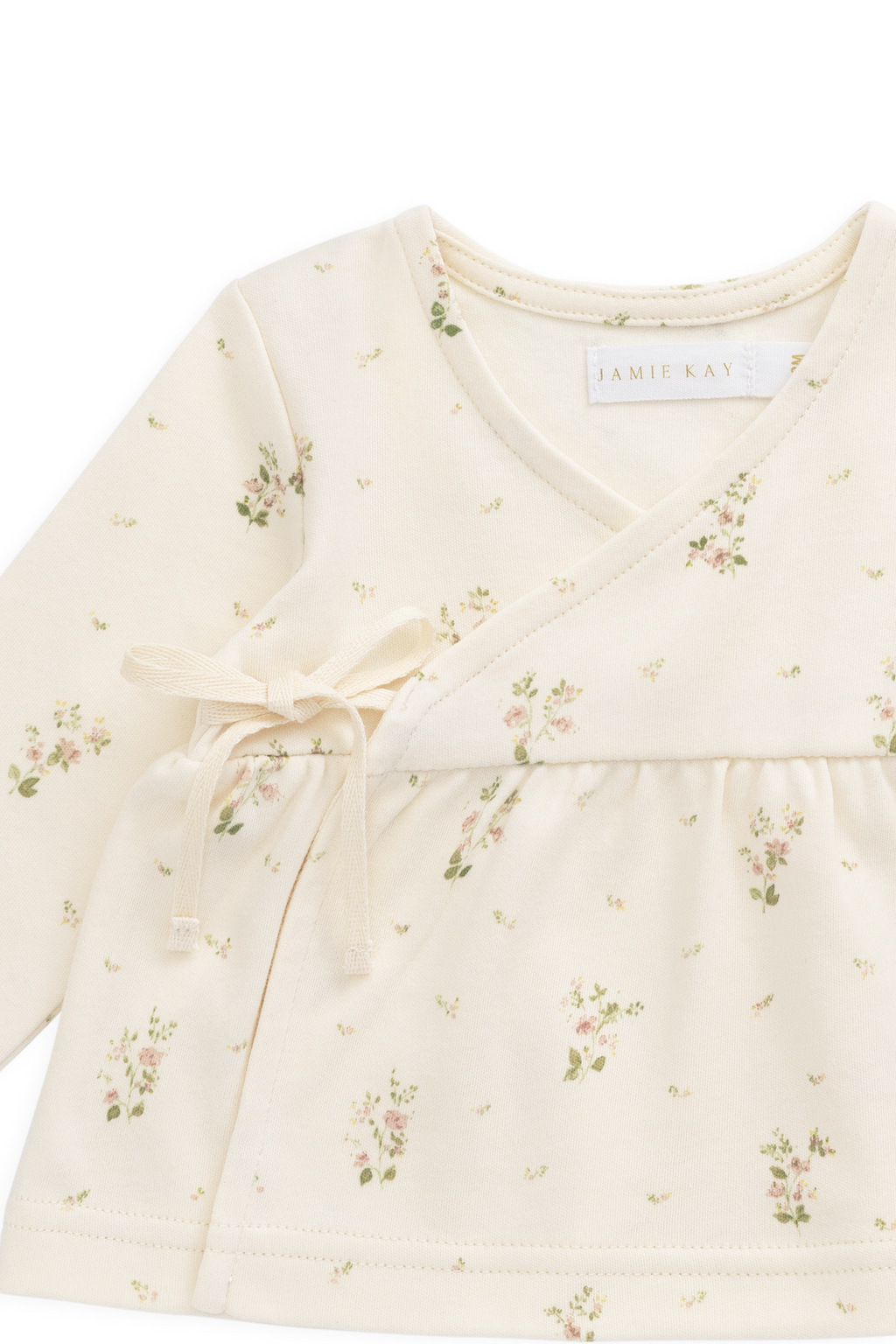 Haut cache-cœur en coton bio blanc à imprimé floral vintage avec liens et manches longues