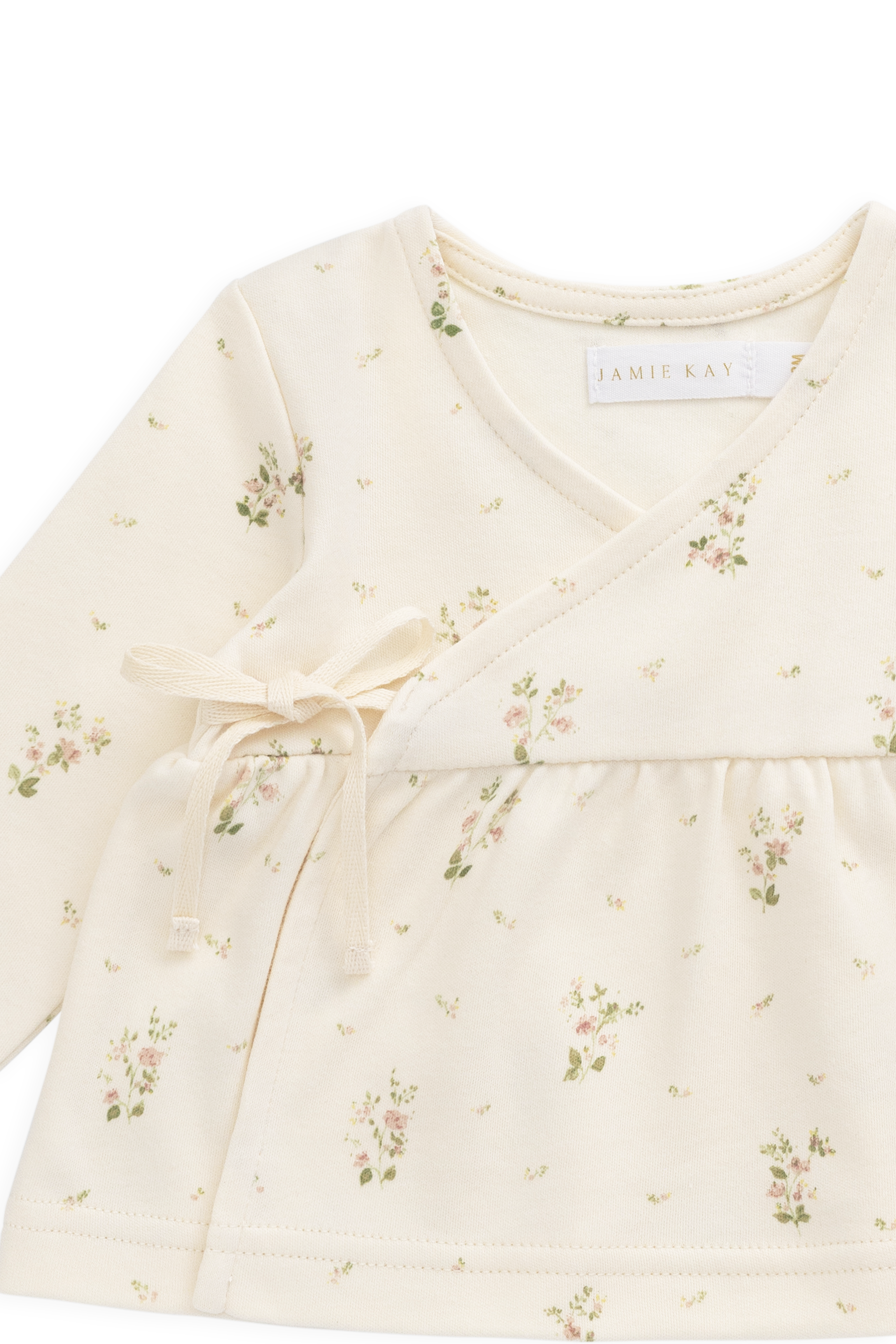Haut cache-cœur en coton bio blanc à imprimé floral vintage avec liens et manches longues