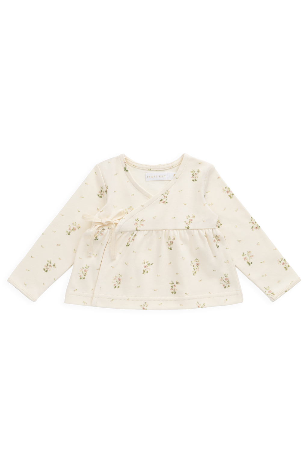 Haut cache-cœur en coton bio blanc à imprimé floral vintage avec liens et manches longues