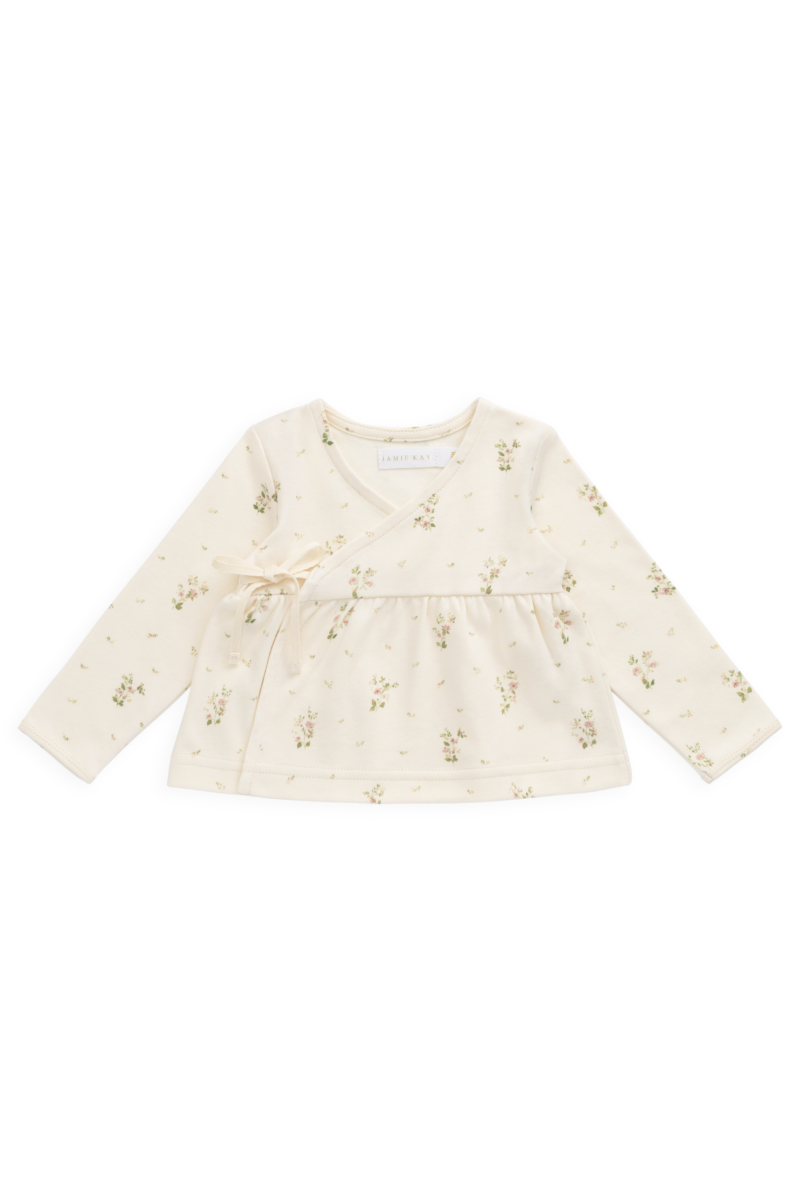 Haut cache-cœur en coton bio blanc à imprimé floral vintage avec liens et manches longues